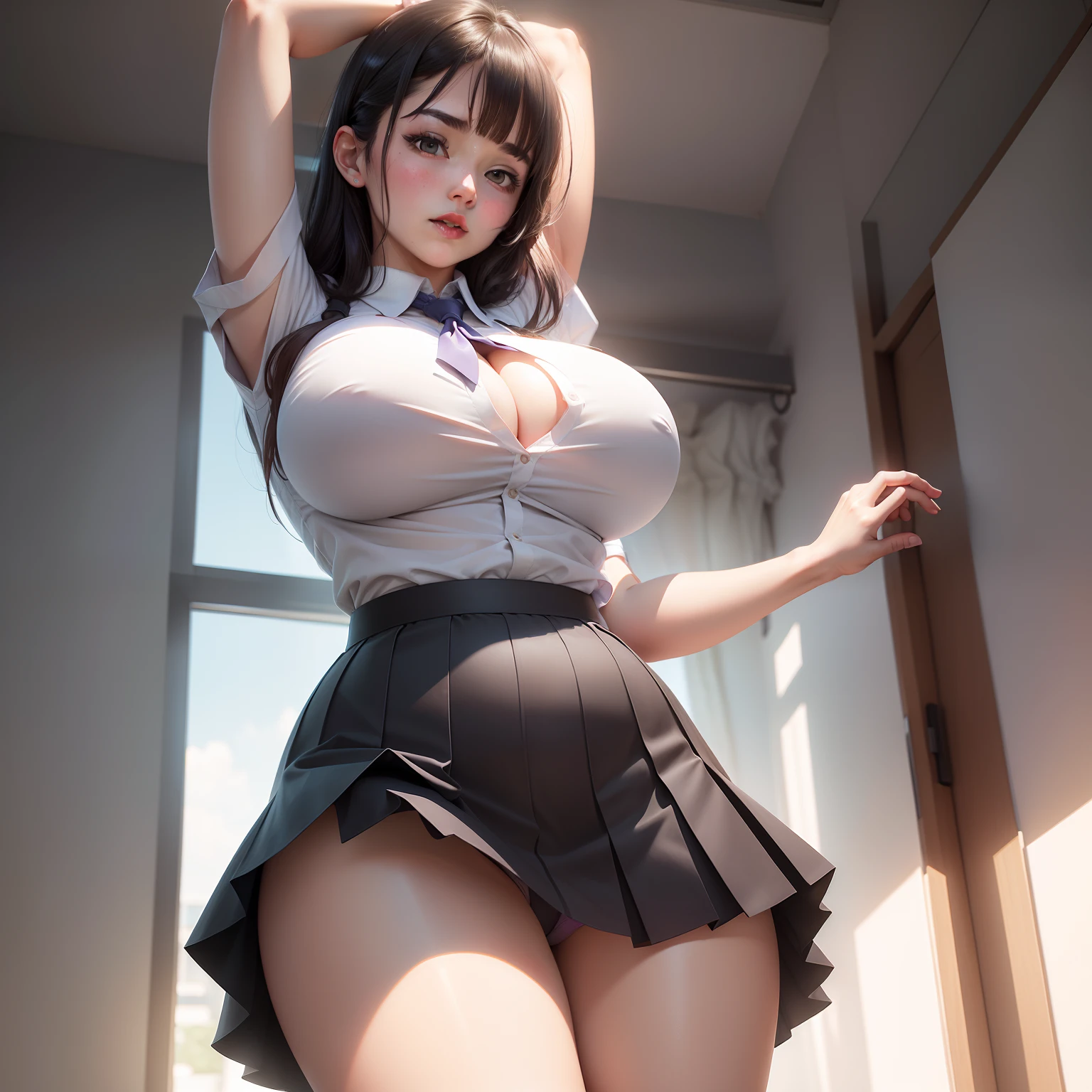 JK school uniform,Superskirt,transparent panty,Transparent short sleeves,The armpits can be seen from the cuffs,Arms spread wide,adolable,Lori huge breasts cleavage,Raised sexy,seductiv,Big breast dew point,realisticlying,photorealestic
