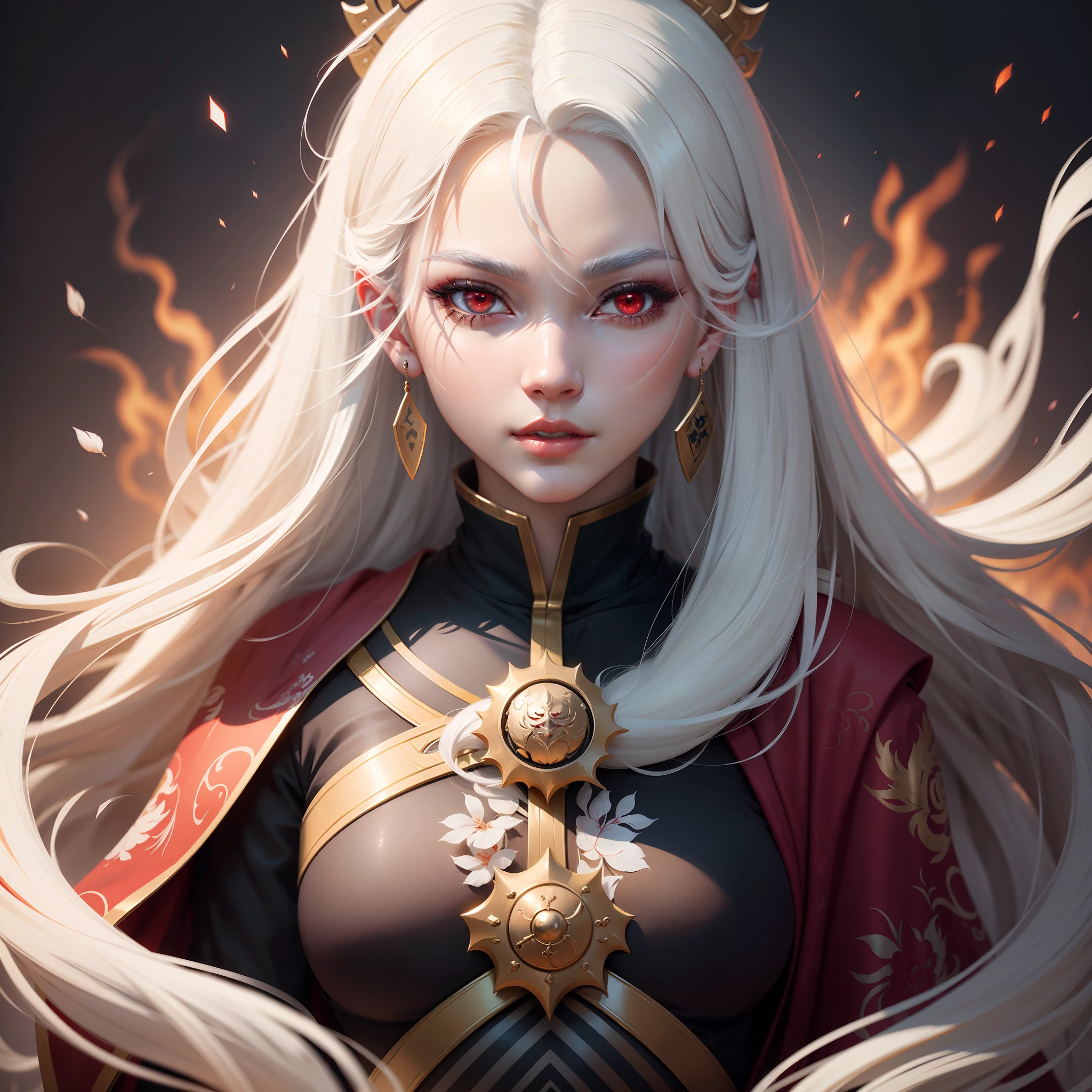 A white hair.Close up of woman with red eyes and white mask,Belle peinture de personnage,Guviz,Guviz-style artwork,white-haired god,Yang J,Epic and beautiful character art,Stunning character art,FAN Qi,