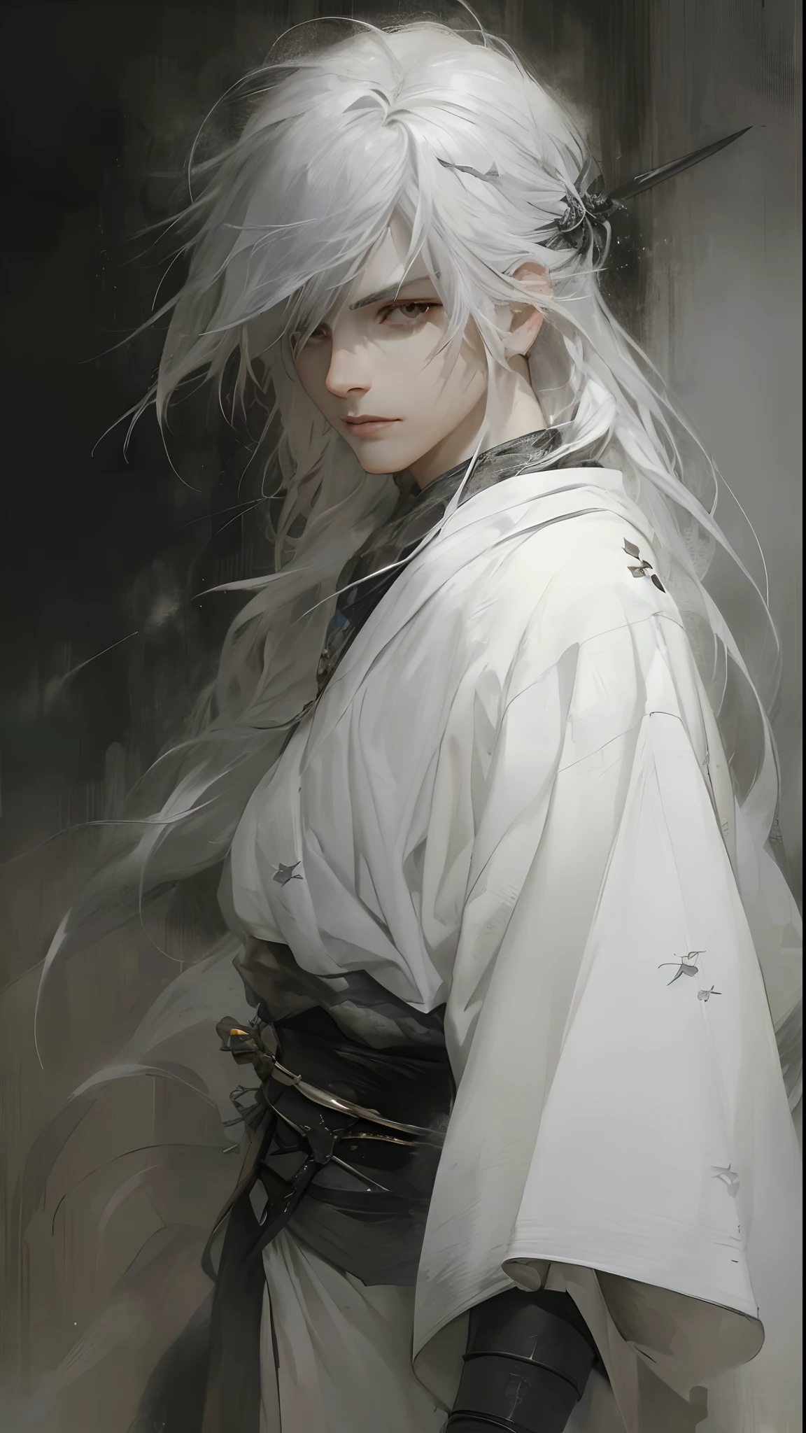 a close up of a person with white hair and a sword, white haired deity, with white long hair, with long white hair, artwork in the style of guweiz, white haired, guweiz, handsome guy in demon slayer art, beautiful character painting, by Yang J, white-haired, guweiz on pixiv artstation, anime character