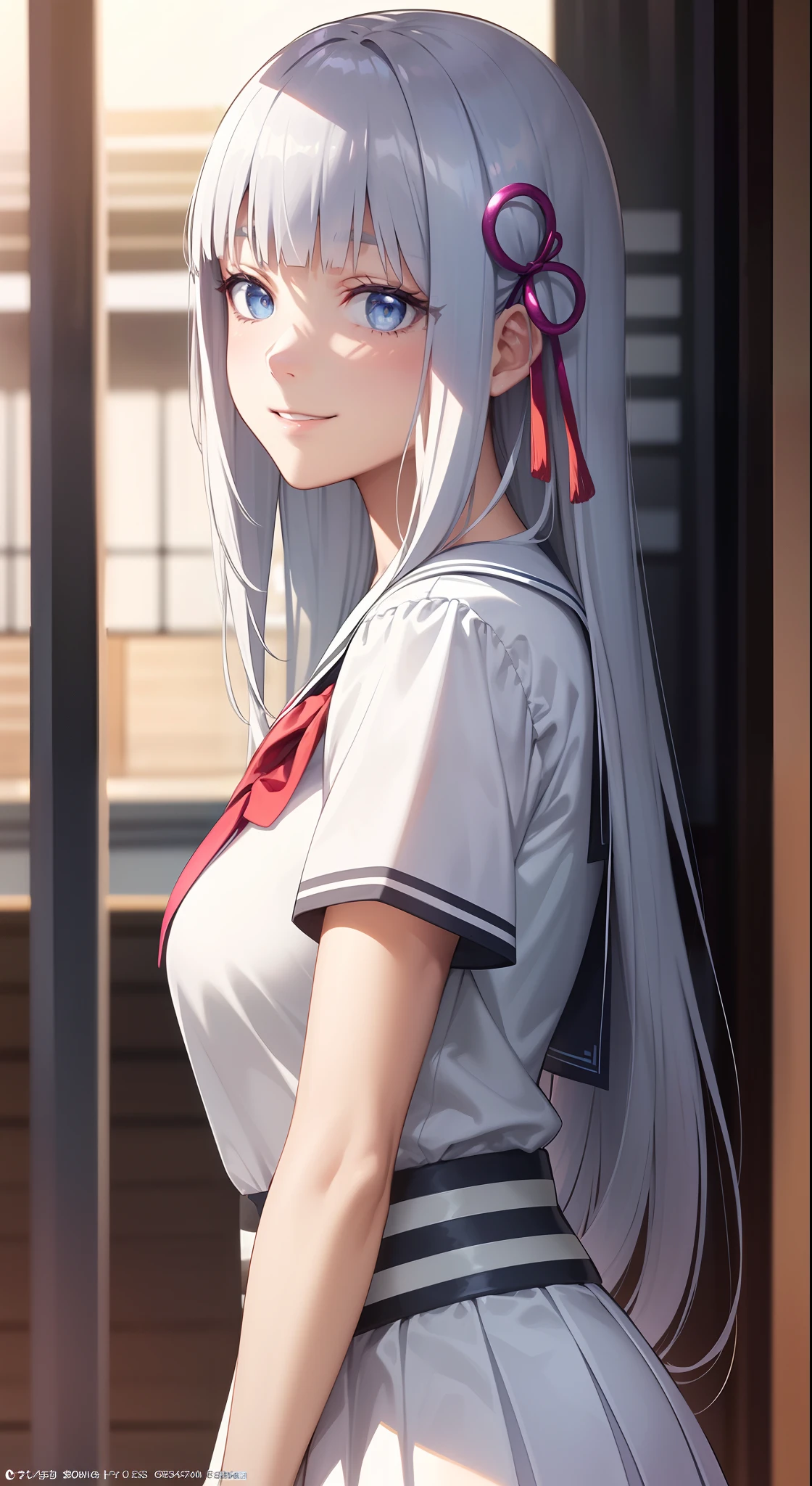 hair ornament, very long hair, japanese clothes, professional artwork, Intricate Details, field of view, sharp focus, detailed painting, photorealistic lighting, trending on pixiv, Standing at attention, ((school girl, summer school outfit)), ((large breasts:1,3)), Beautiful body,Beautiful Nose,Beautiful character design, perfect eyes, perfect face, looking at viewer, SFW,official art,extremely detailed CG unity 8k wallpaper, perfect lighting,Colorful, Bright_Front_face_Lighting, (masterpiece:1.0),(best_quality:1.0), ultra high res,4K,ultra-detailed, photography, 8K, HDR, highres, absurdres:1.2, Kodak portra 400, film grain, blurry background, bokeh:1.2, lens flare, (vibrant_color:1.2), shikkoku_yorihime, (happy smile, cheers), ((looking at viewer, front body pose))