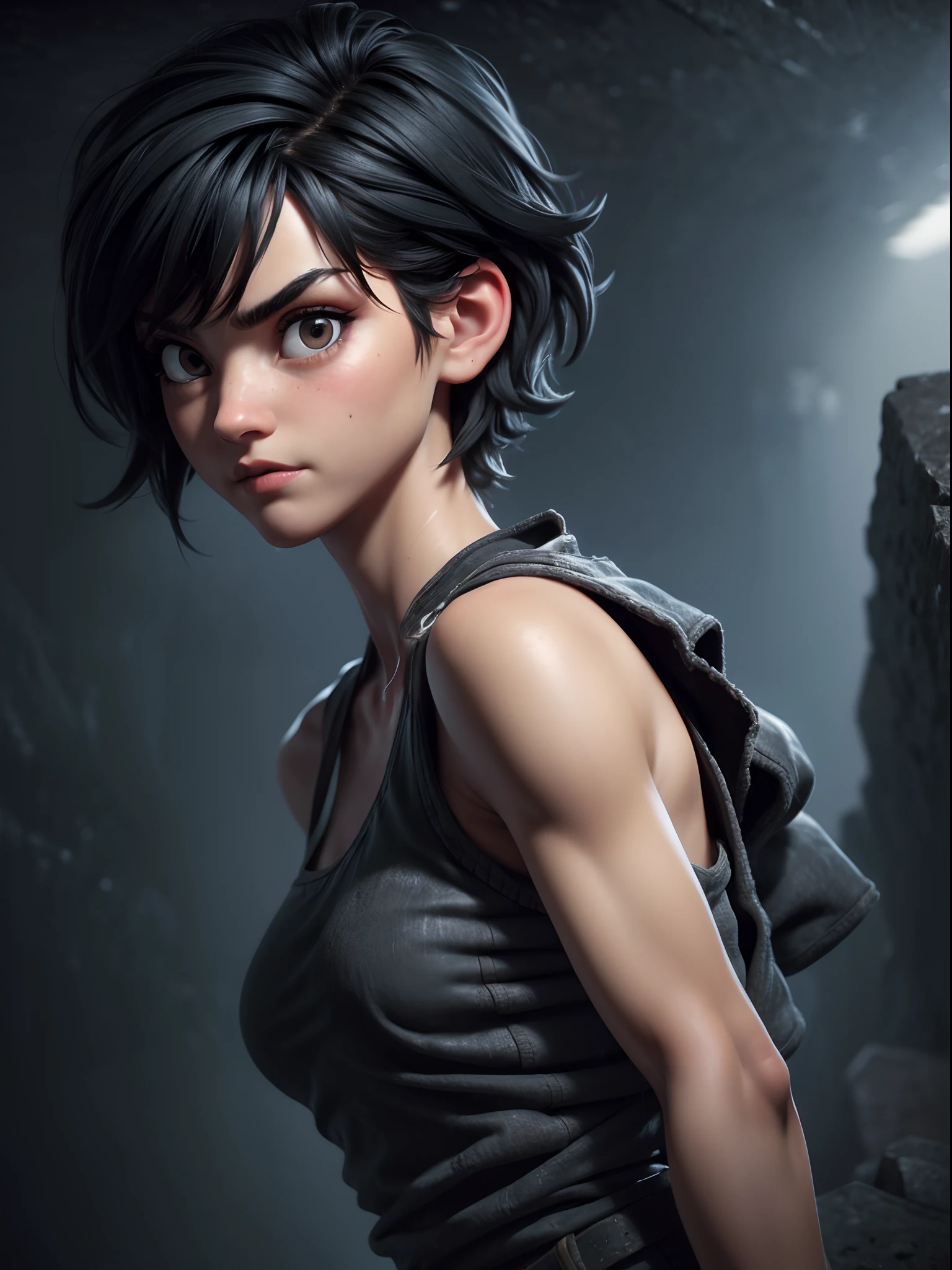 1girl, short black hair messy, black eyes, psycho look, gray haze around, peeking out upper body, dark cave, Ripped clothes, 16k