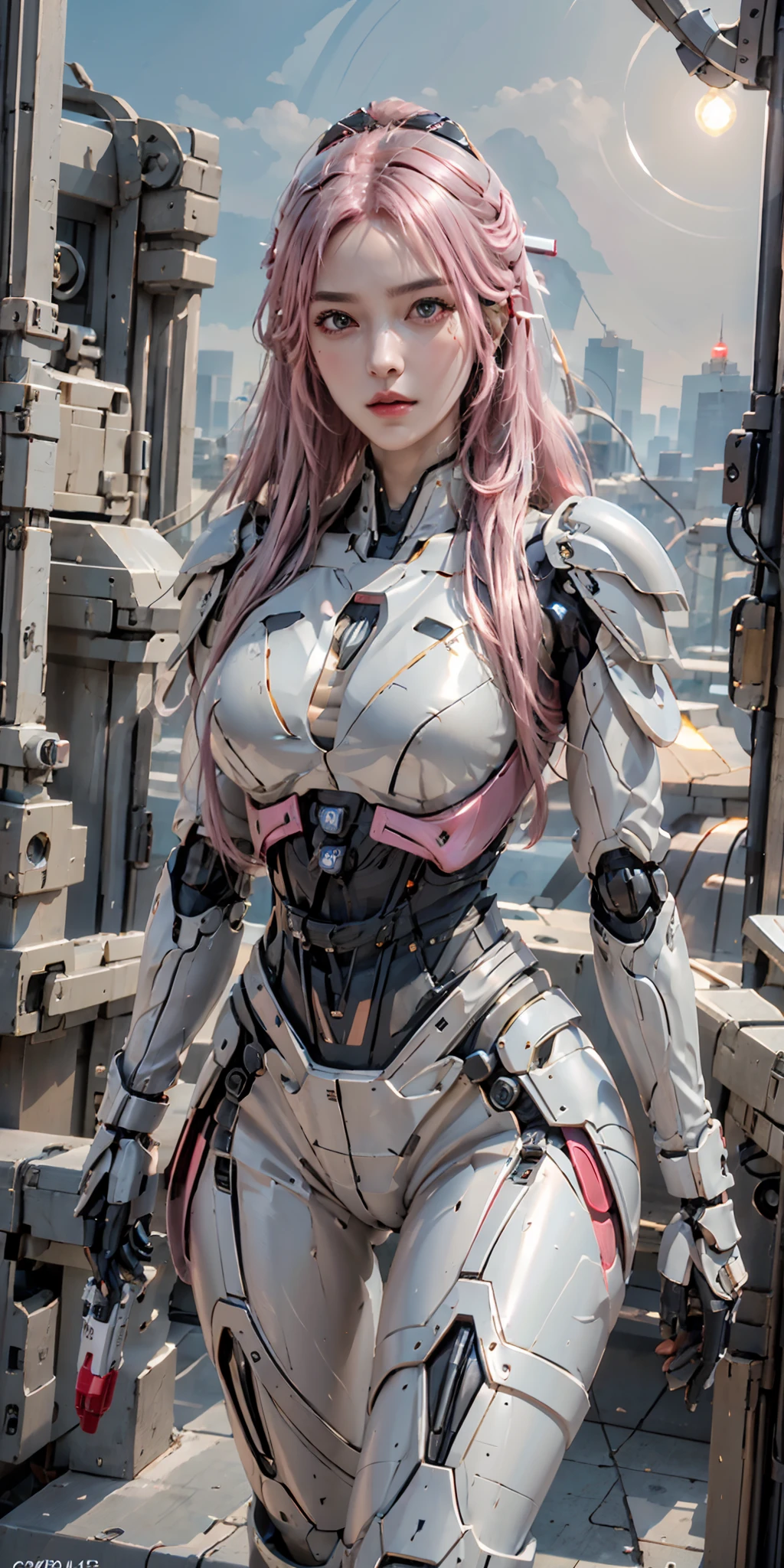 photorealistic, high resolution, soft light,1women, solo, hips up, (detailed face), pink hair, long hair, mecha musume, mechanical parts, robot joints, single mechanical arm, headgear, mechanical halo, electric mechanical bodysuit, mecha corset, full black, kimono, full armor, city at night