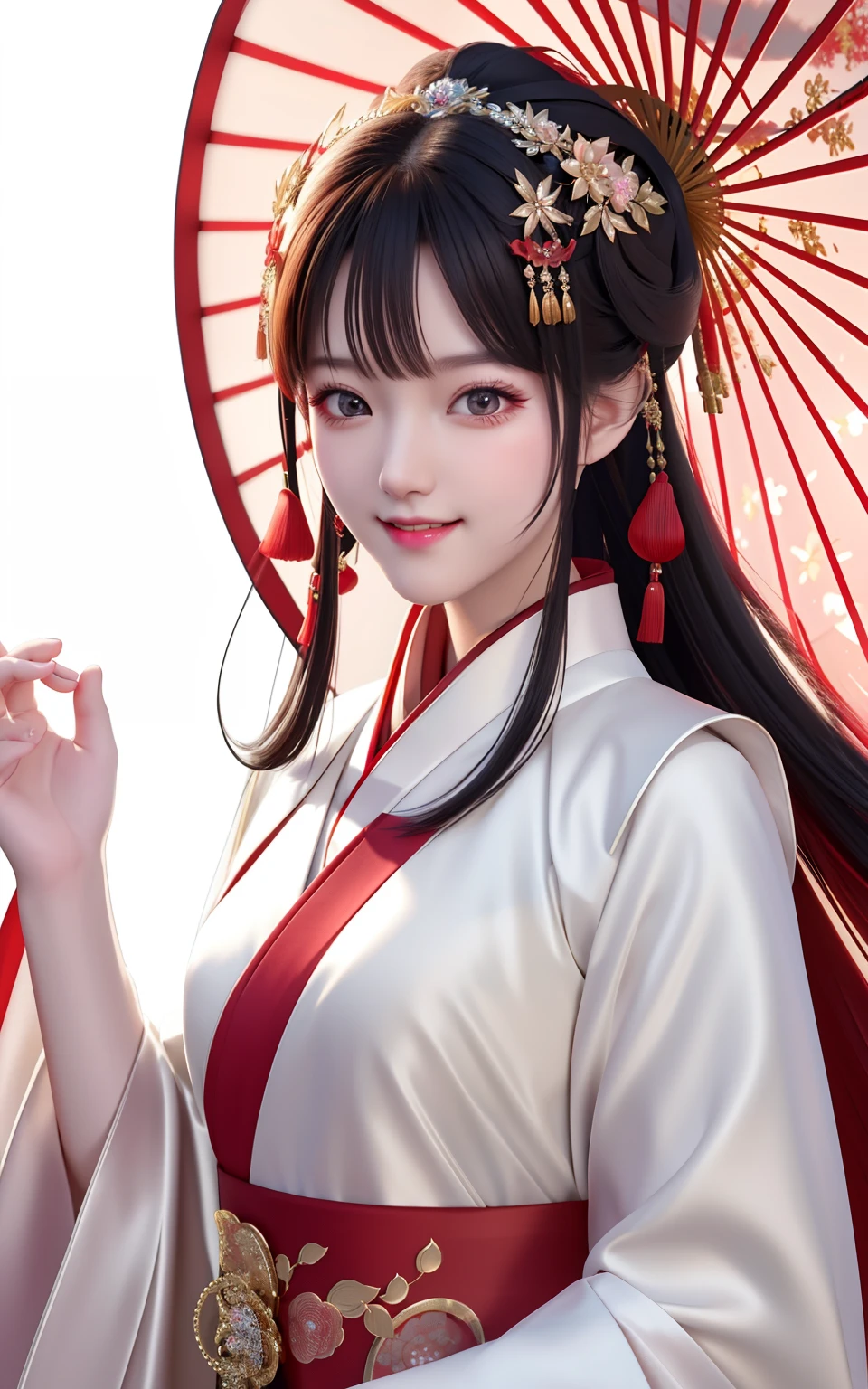 High resolution, 1girl, (glamorous smile: 0.8), Chinese Hanfu, red Hanfu, hair accessories, snow, beauty, ultra-high-definition pictures, complex and detailed light, shadow and refraction, exquisite and high-quality atmospheric lighting, Octane rendering engine, focus Clear, high contrast, high resolution, cinematic concept photography