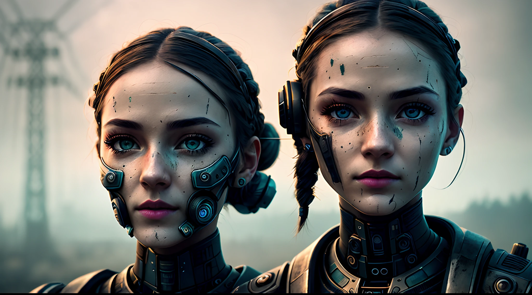 a robo-girl with head braid apocalypse atmosphere in the background, oxygen cyber-mask on the face, [(red lights eyes):0.8], realistic eyes, focus eyes, detailed eyes, great eyelashes, mouth open a bit, (closeup:1.2), creative, steampunk, many mechanic parts and detailed, epic realistic, faded, neutral colors, ((((HDR)))), ((((muted colors)))), insane details, intricate scene, artstation, (hyperdetailed:1.1), cinematic shot, warm lights, dramatic light, (intricate details:1.1), vignette, complex background, [[teal and orange]], slate gray atmosphere, (vsco:0.3)