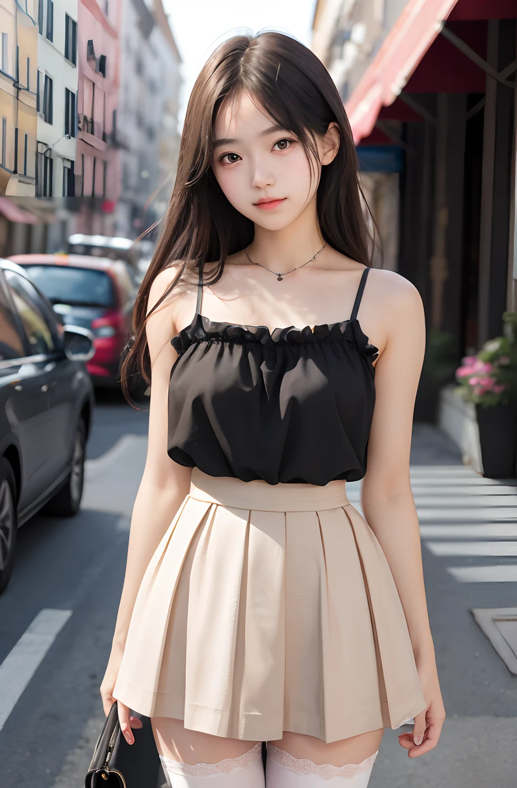 1girl, cute, , girlish expression, While looking at the camera, spaghetti strap top ,high waist short skirt, photo, realistic, best quality, hires, detailed face, detailed background, diffused lighting, depth of field, bokeh, thighhighs