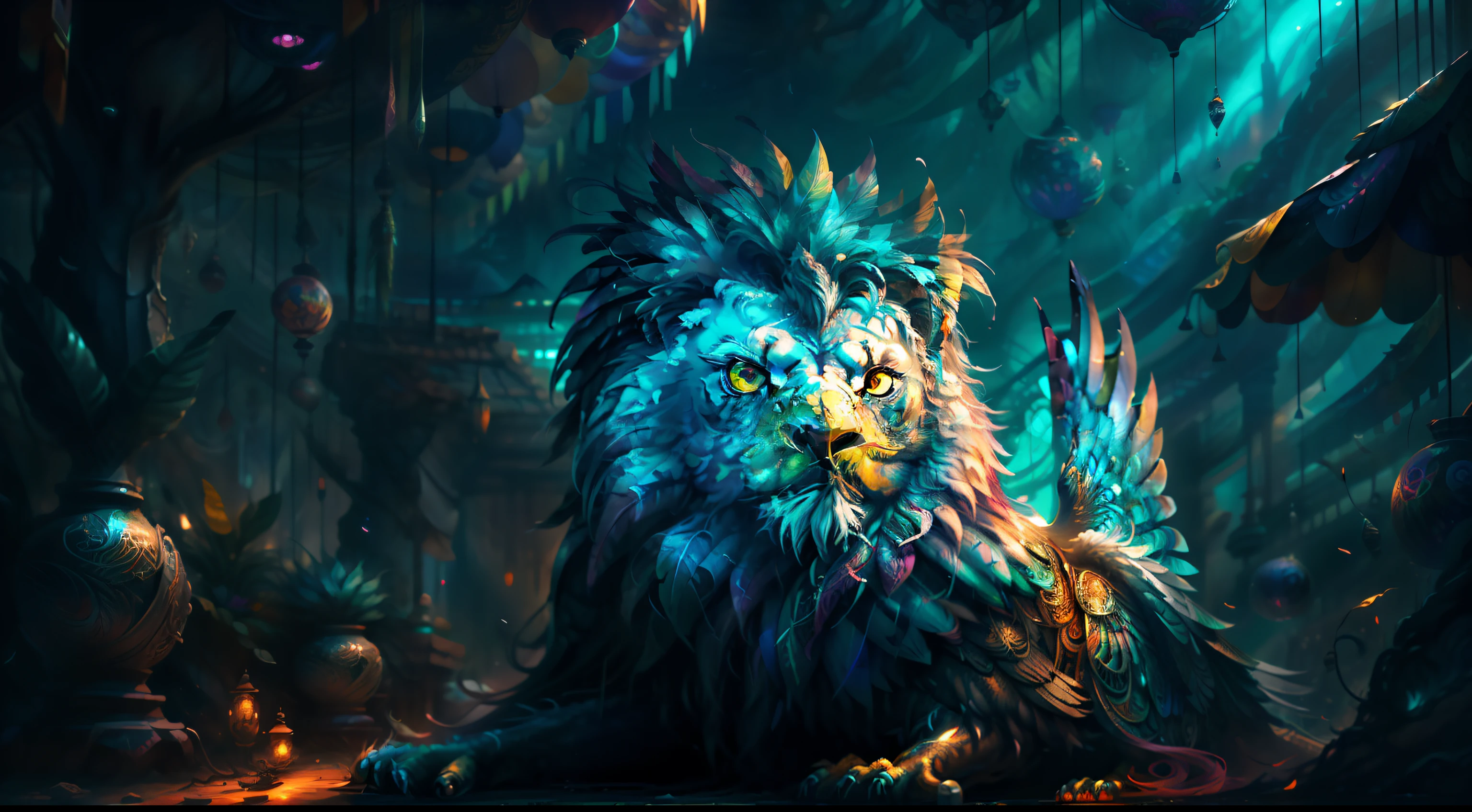 Best quality, masterpiece, super high resolution, no human, an adult griffon in a futuristic cyberpunk garden, enchanting, high detail, (eagle face), (lion body), (large wings), looking at camera, masterpiece (realistic texture: 1.2), (realistic details: 1.2), (realistic details: 1.2), ([front | side]:1.1), HDR, ultra-refined 3D modeling, as magical as the style paintings painted by Tim Burton, Dale Chihuly, Xiaolongcheng, Cyril Rolando and other authors such as Jr. Gigue. Shadows and lighting intertwine to create brilliant effects.