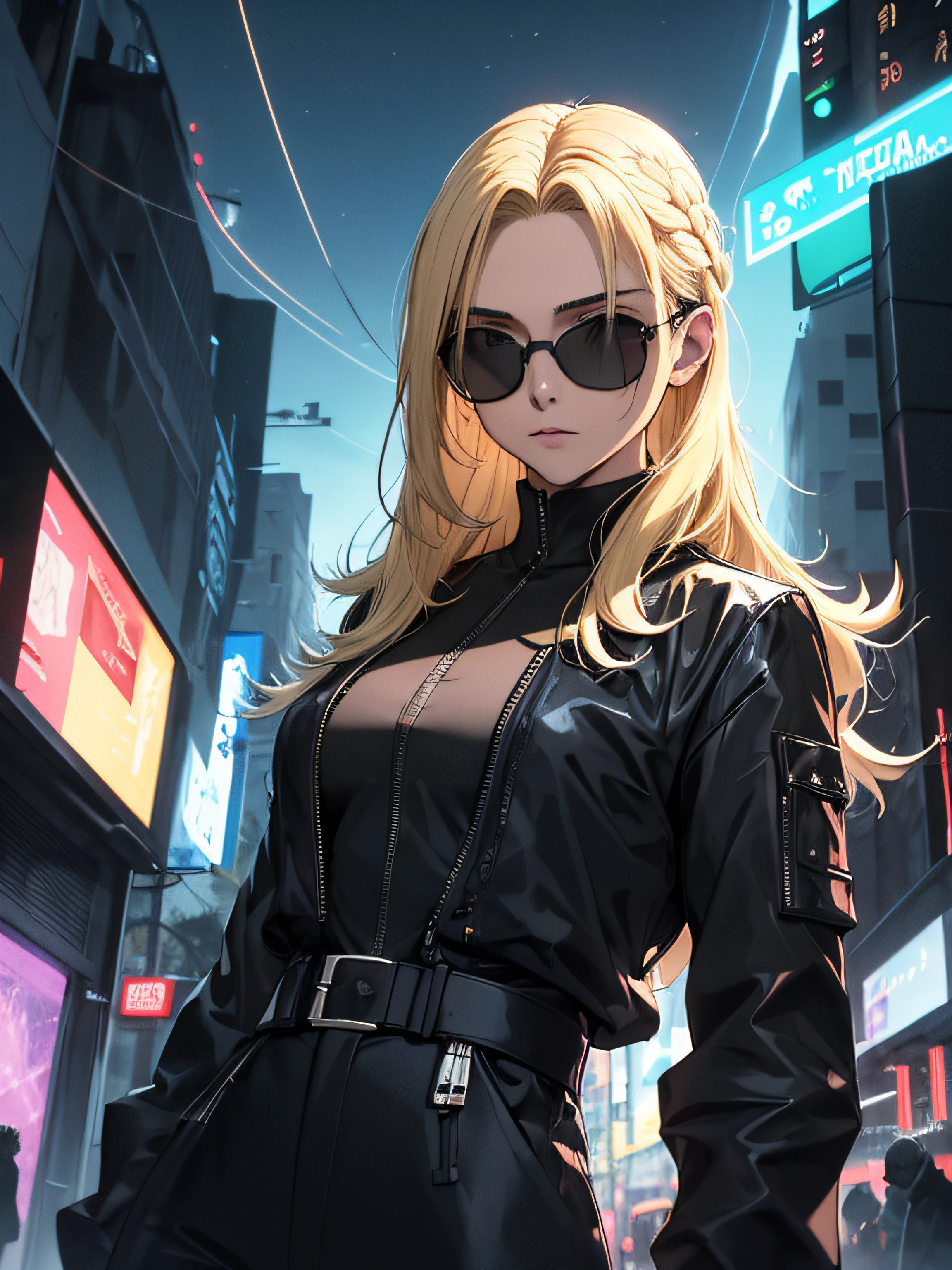 hacker, capuz, sunglasses, Movie scenery, luz neon extremidades, master part, Segure um raio, masculino, adulto, ((cabelo blond)), ((cabelo longo)), (rosto, ultra detalhados), raio, Matriz de pose, roupas Matrix, Escuro, nebula, roupa sobre tudo, manto negro noite, matrix, melhor qualidade, obra-prima, realista