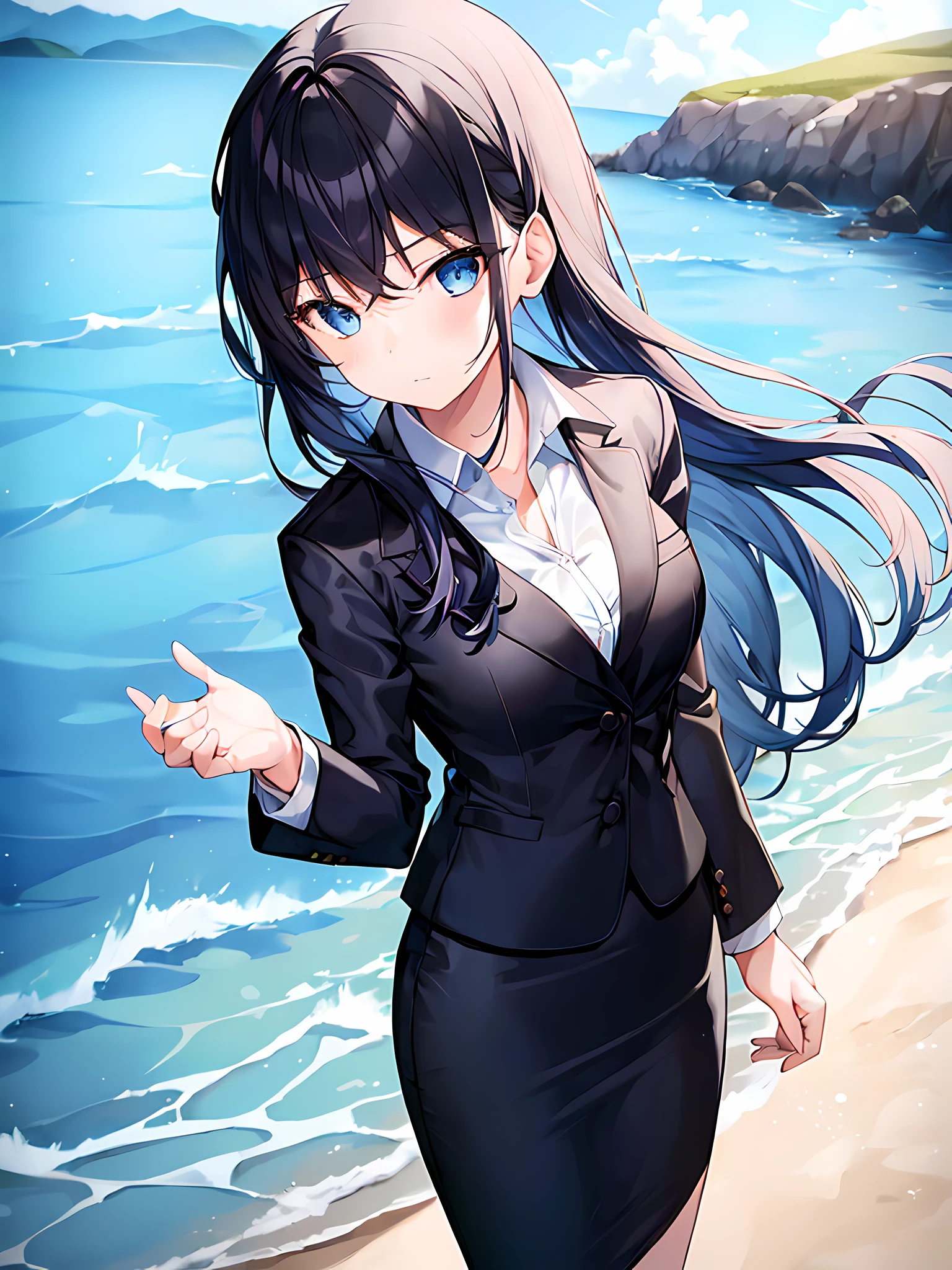1girl, suit, beach, black skirt, black blazer, pencil skirt, blue hair