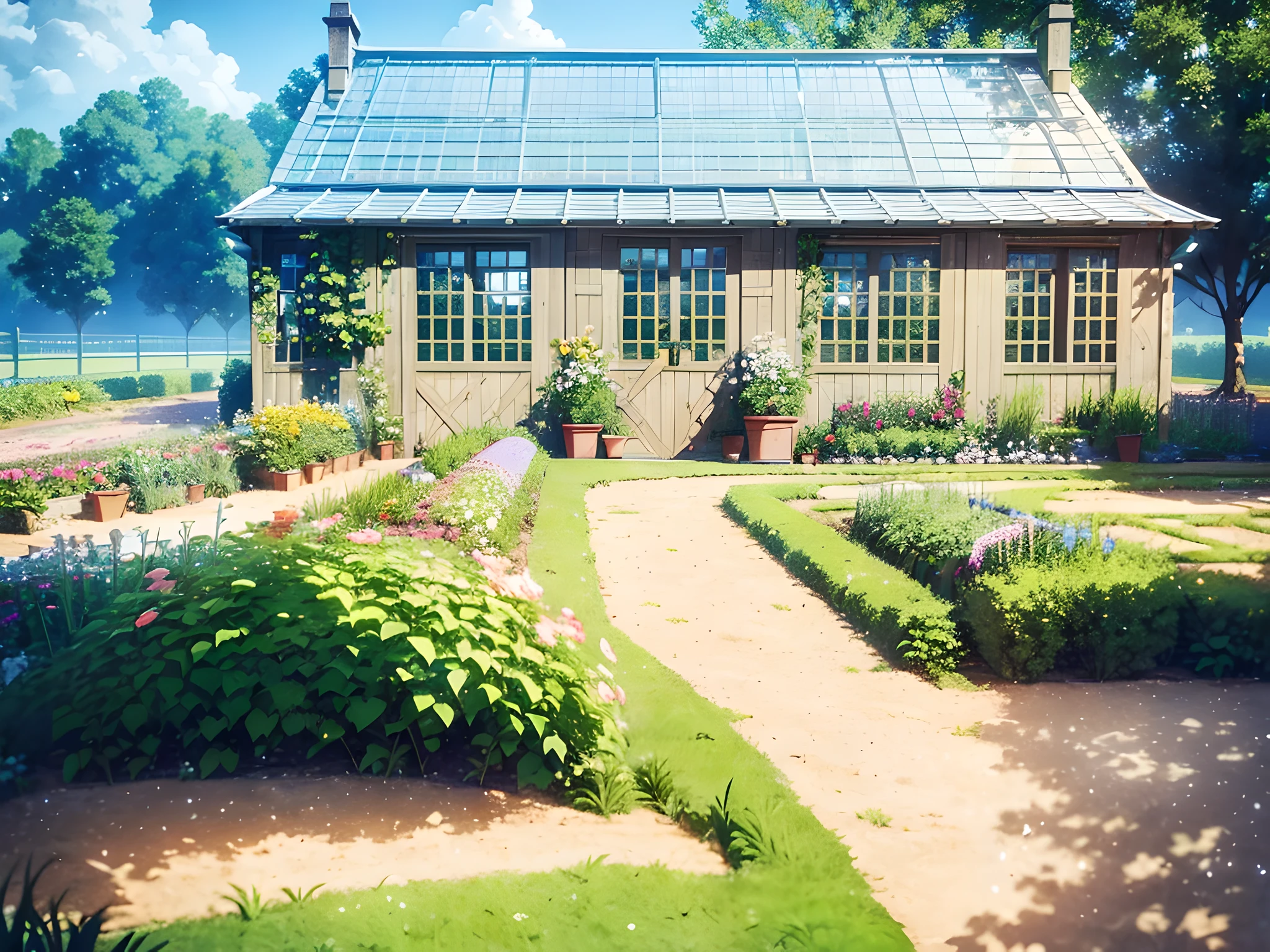 a vegetable garden, cute farmhouse with a terrace, a greenhouse next to the farm, FairyTaleAI ((masterpiece)), (((high quality))), Cute cartoon, stone path, wheat field, intricate detail, Super cute, Superb lighting, summer cloudy morning, perfect scenery, Ghibli studio style, Tilt-shift, Large aperture, The best quality, 3d, Super detail --v6