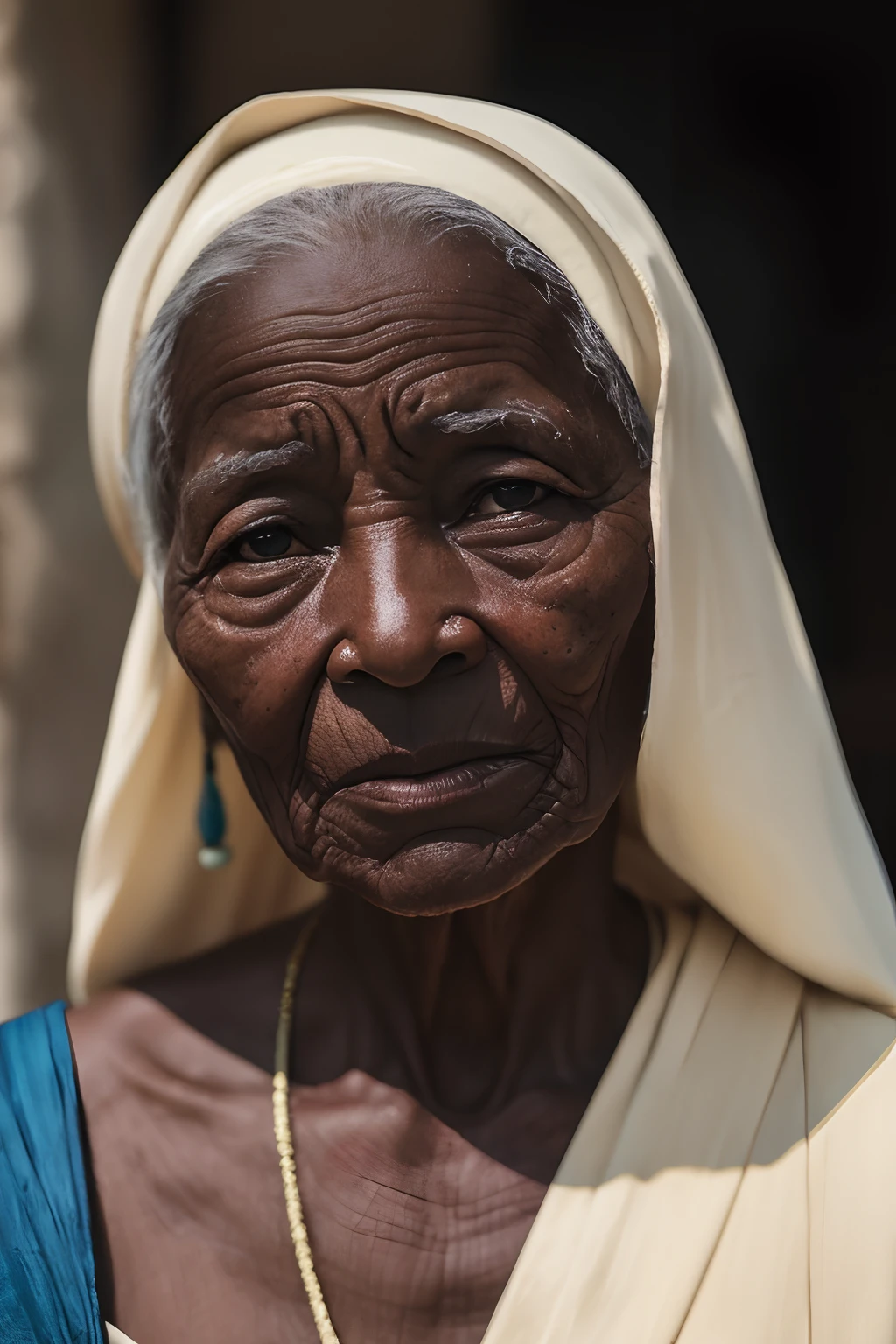 film grain, photographed with a Sony a9 II Mirrorless Camera, analog style, beautiful, masterpiece, best quality, aamari, a old woman with elegant dress is looking at the camera, very dark skin, extremely detailed face, bust shot, perfect lighting --auto
