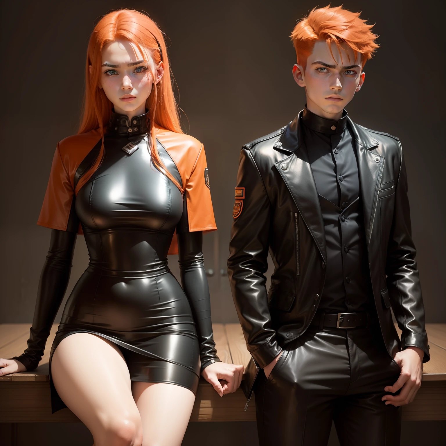 papa, Mom 14-year-old brothers pose serious for photo orange hair smart clothes black leather