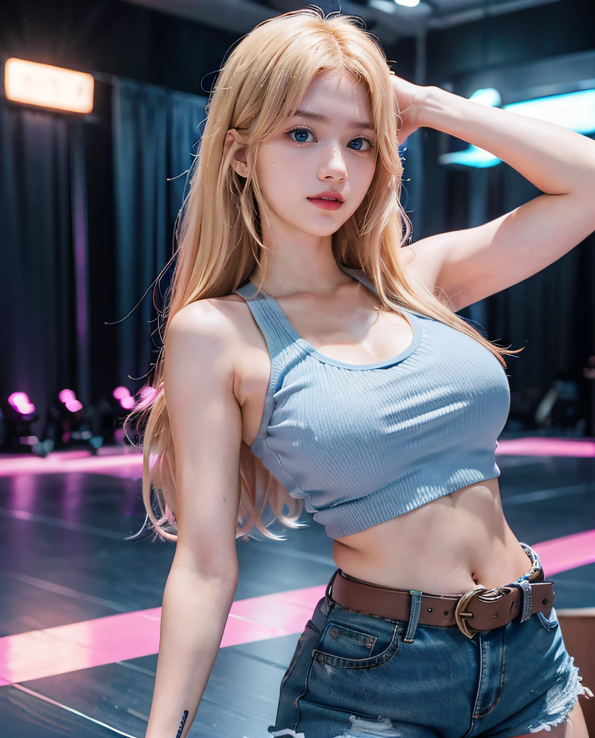 1girl, (Blue Eyes), cute smile, ((Sana Minatozaki)), wide hips, Big Boobs, big ass, (Best Quality, 8k, Masterpiece: 1.3), Clear Focus: 1.2, Perfect Body Beauty : 1.4, Slender Abs: 1.2, Highly detailed face and skin texture, detailed eyes, double eyelids, (blurred background), (long blonde hair), (tanktop and [Hot Pink jacket]), (shorts jeans and belt), (sneakers), in a disco party, dance floor, electronic music, full body, many people