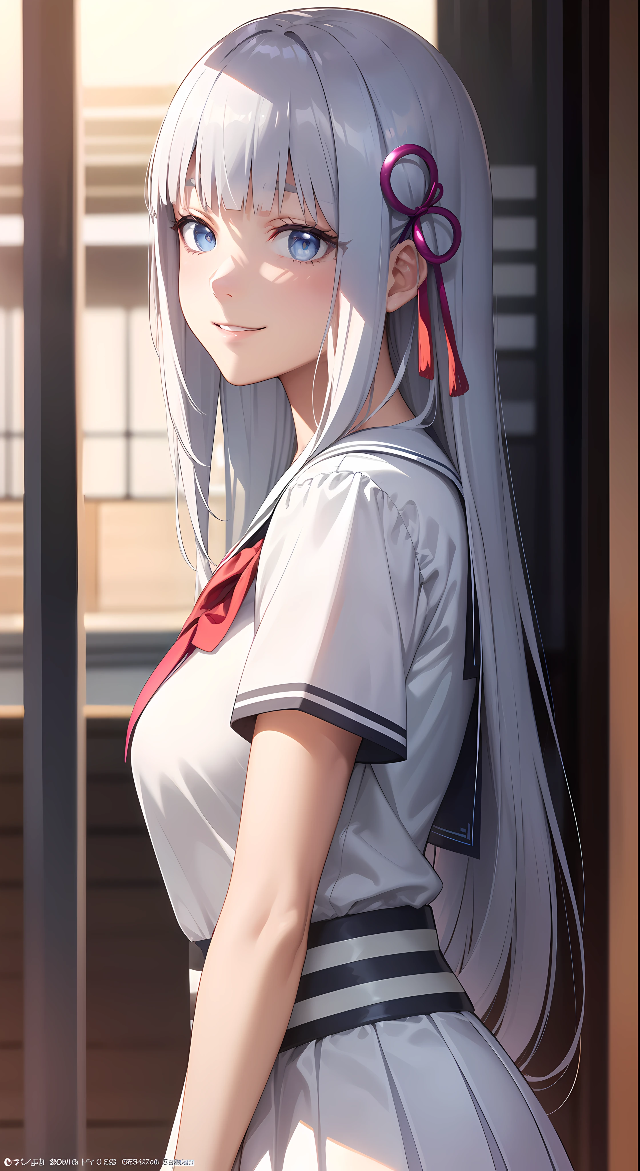 hair ornament, very long hair, japanese clothes, professional artwork, Intricate Details, field of view, sharp focus, detailed painting, photorealistic lighting, trending on pixiv, Standing at attention, ((school girl, summer school outfit)), ((large breasts:1,3)), Beautiful body,Beautiful Nose,Beautiful character design, perfect eyes, perfect face, looking at viewer, SFW,official art,extremely detailed CG unity 8k wallpaper, perfect lighting,Colorful, Bright_Front_face_Lighting, (masterpiece:1.0),(best_quality:1.0), ultra high res,4K,ultra-detailed, photography, 8K, HDR, highres, absurdres:1.2, Kodak portra 400, film grain, blurry background, bokeh:1.2, lens flare, (vibrant_color:1.2), shikkoku_yorihime, (happy smile, cheers), ((looking at viewer, front body pose))