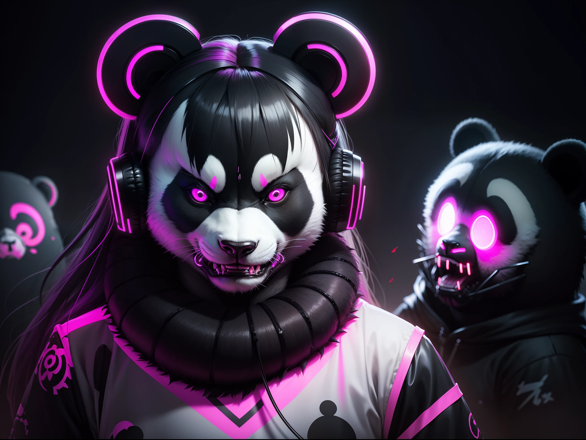 Animal panda neon insane demonic horror with 8k headset