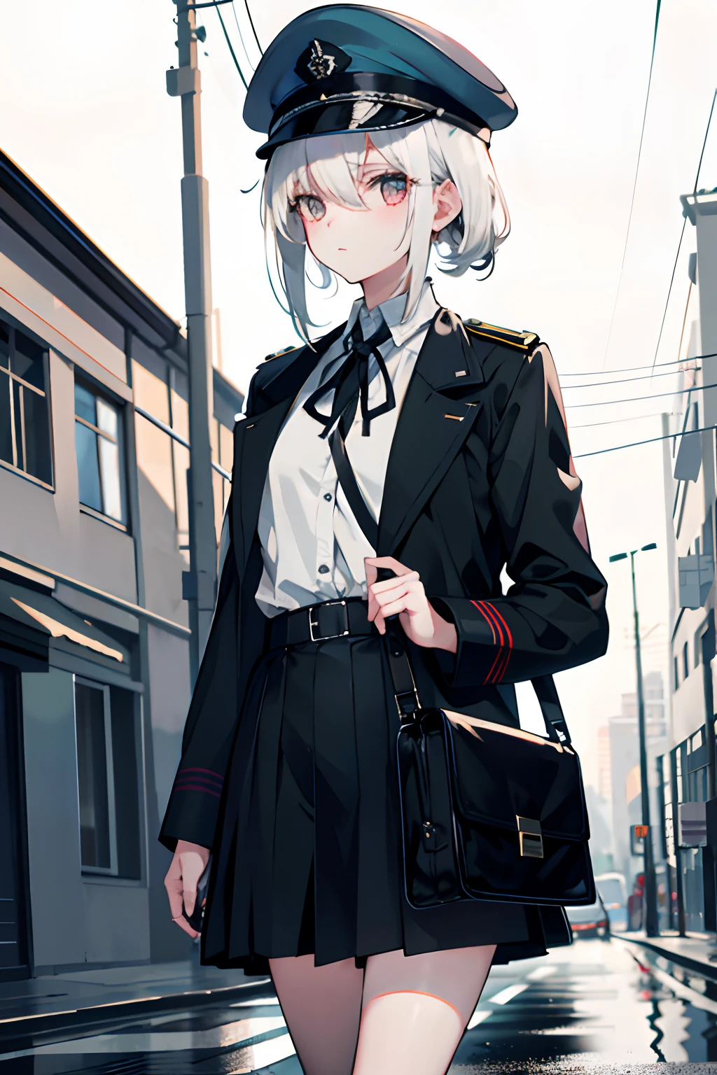 1girl，white color hair，in the afternoon，after rainny，Stasi uniform，glomy，Carrying a briefcase，Stasi，Stasi，East，German Democratic Republic，DDR，Dark tones