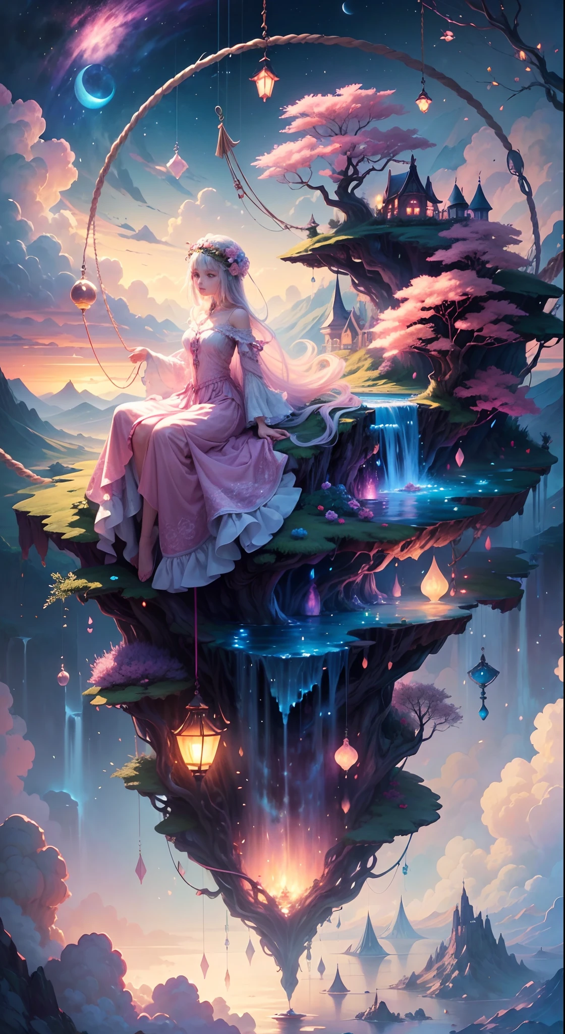 Create a mesmerizing scene where a woman is rests from a rope of ornate, lush, detailed flowers, delicately suspended with ornate ropes of extremely detailed flowers. The woman is in a mythic realm of dreams. Include floating islands and intricate watercolor skies. The ((woman's face exudes a sense of peace and happiness)) as she hangs weightlessly in the air. (((The woman's face is extremely detailed with distinct features.))) She is dwarfed by her interesting environment. The environment is filled with fluffy clouds, waterfalls cascading from the floating islands, and a vibrant, surreal environment with beautiful shades of pink, purple, and blue. The atmosphere is filled with a sense of wonder and tranquility. ((Include many shades of pink in the artwork's details and background.)) This scene will be depicted in an anime-style illustration, with soft lines, pastel colors, and a whimsical touch. The artwork will capture the ethereal beauty and tranquility of the dreamlike realm, creating a sense of harmony and escape from the ordinary world.