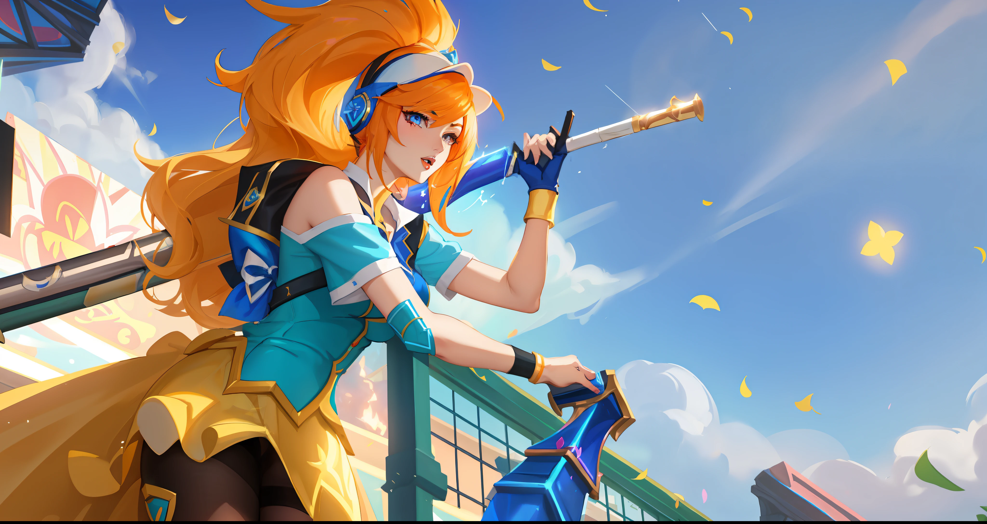 A woman in a blue dress holding a baseball bat on a tennis court, Splash Art Oficial, Senna de League of Legends, Arte Splash, Luxo de League of Legends, Splashart de League of Legends, de League of Legends, Arte Splashe Anime Loli, Fenda Selvagem, vivia, Estilo League of Legends, League of Legends arte splash, Miss Fortune League of Legends