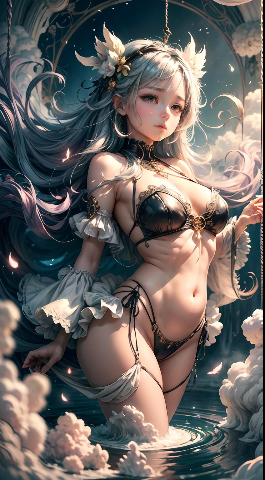 Envision a mesmerizing scene where a woman is suspended by her belly, delicately tied with ornate ropes, in a dreamlike realm of floating islands and colorful skies. The environment is filled with fluffy clouds, waterfalls cascading from the floating islands, and a vibrant, surreal atmosphere. The woman's expression exudes a sense of peace and serenity as she hangs weightlessly in the air. The atmosphere is filled with a sense of wonder and tranquility. This scene will be depicted in an anime-style illustration, with soft lines, pastel colors, and a whimsical touch. The artwork will capture the ethereal beauty and tranquility of the dreamlike realm, creating a sense of harmony and escape from the ordinary world.