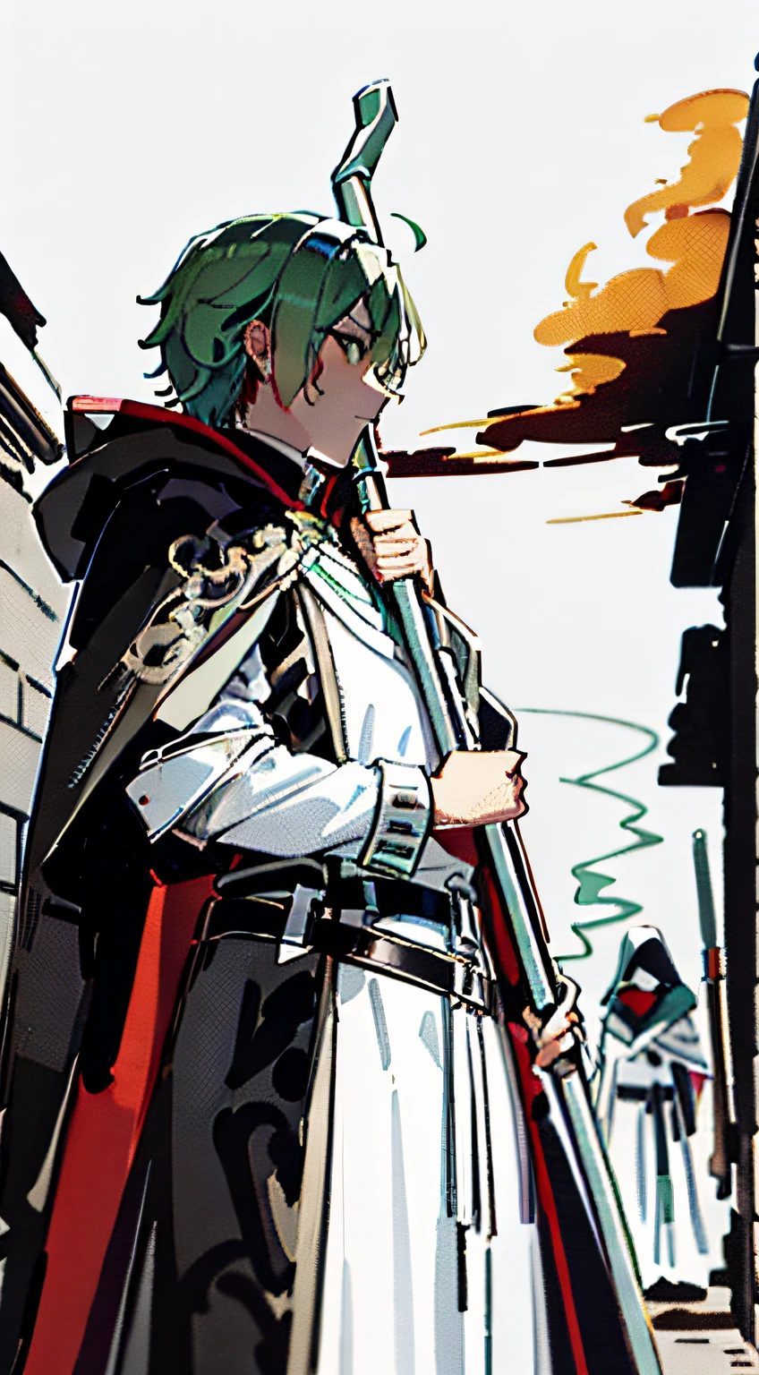 Libido boy, Green hair, Sharp emerald green eyes, Wearing all-white armor,Come out of the smoke, assassins, 8K, holding a scythe, Wearing a white cape,Wears a hood and armor engraved with snake prints, Wearing English Assassin robes.hidden blade,The background is a dark and uninhabited street