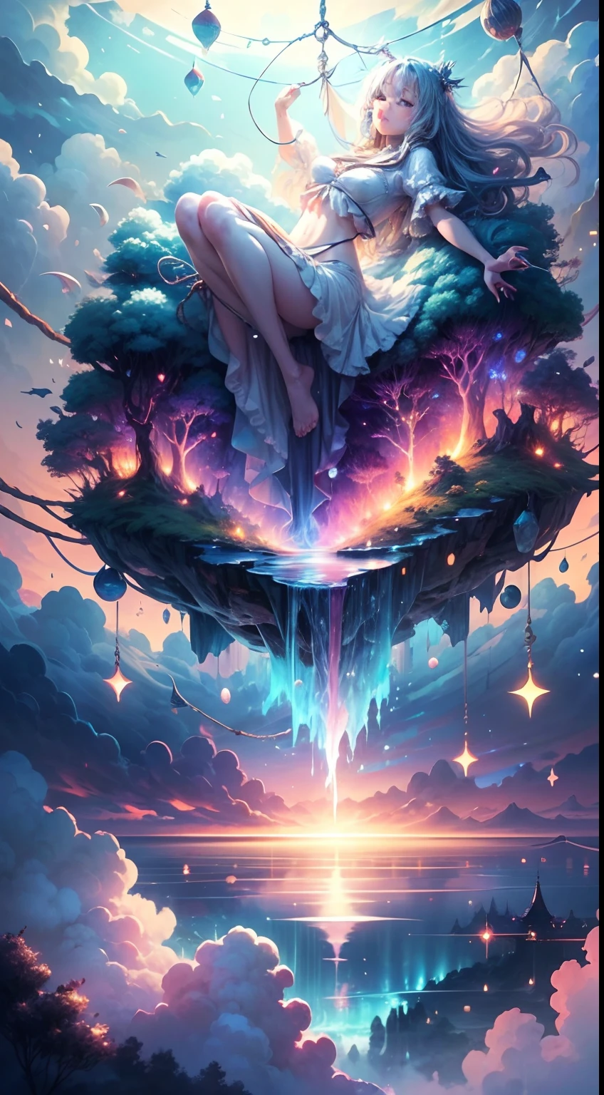Envision a mesmerizing scene where a woman is suspended by her belly, delicately tied with ornate ropes, in a dreamlike realm of floating islands and colorful skies. The environment is filled with fluffy clouds, waterfalls cascading from the floating islands, and a vibrant, surreal atmosphere. The woman's expression exudes a sense of peace and serenity as she hangs weightlessly in the air. The atmosphere is filled with a sense of wonder and tranquility. This scene will be depicted in an anime-style illustration, with soft lines, pastel colors, and a whimsical touch. The artwork will capture the ethereal beauty and tranquility of the dreamlike realm, creating a sense of harmony and escape from the ordinary world.