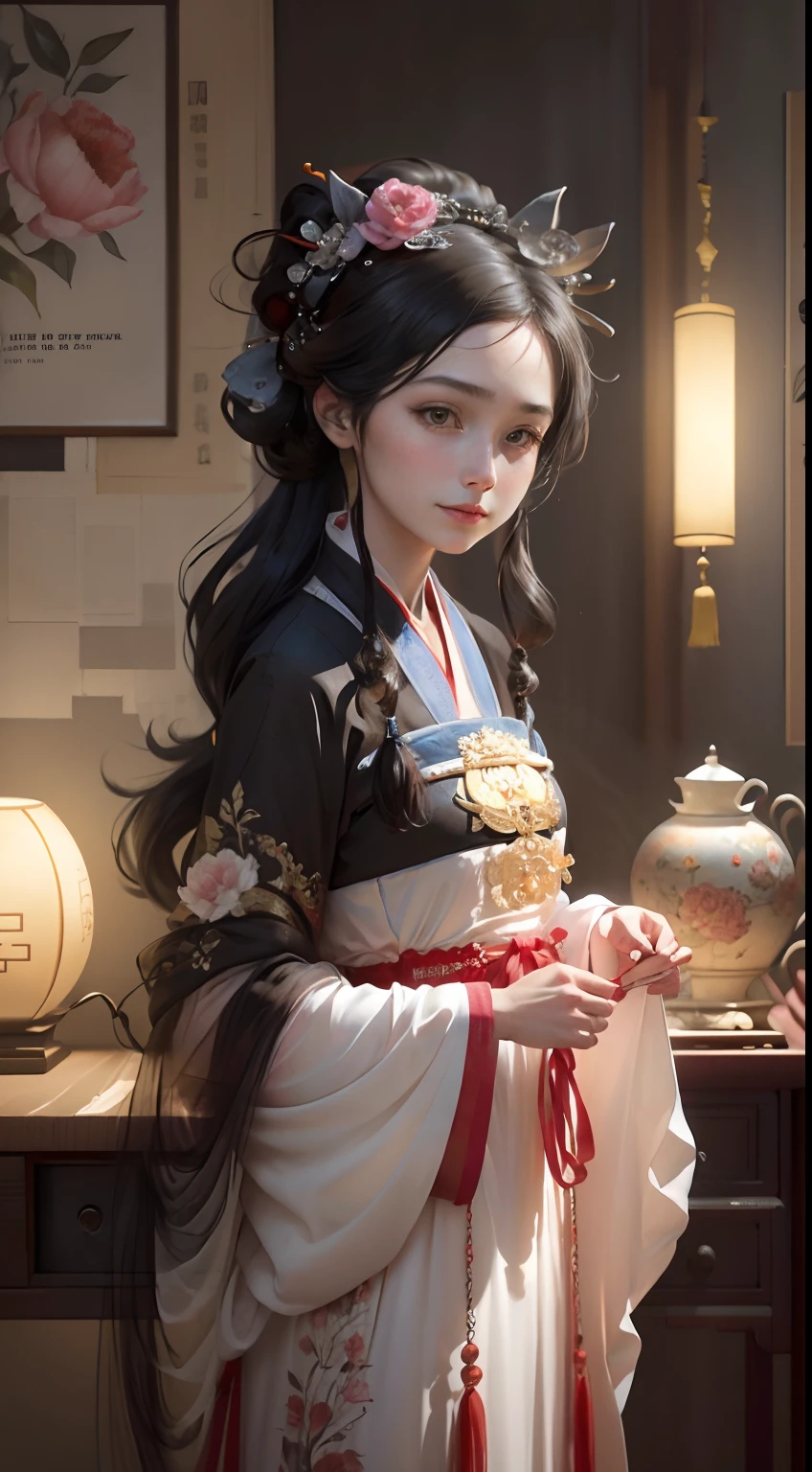 (Positive Focus), (In the Dark: 1 Girl), Surrealist Female Portraits by David Hockney and Alphonse Mucha, Fantasy Art, Photo Realism, Dynamic Lighting, Art Station, Poster, Volumetric Lighting, Very Detailed Faces, 4K Wallpaper, Award-Standing, 1 Girl, Black Ponytail, Fringed Hair Ornament, Peony Flower Hair Accessory, Chinese Girl, Smile Emoji, Dynamic Perspective, Chinese Style, Black Hanfu, Embroidery Pattern, Red Ribbon, Half-off Top, Long Legs Exposed, Background Packed with Onlookers, Ancient China, Red, temptation, ribbon fluttering