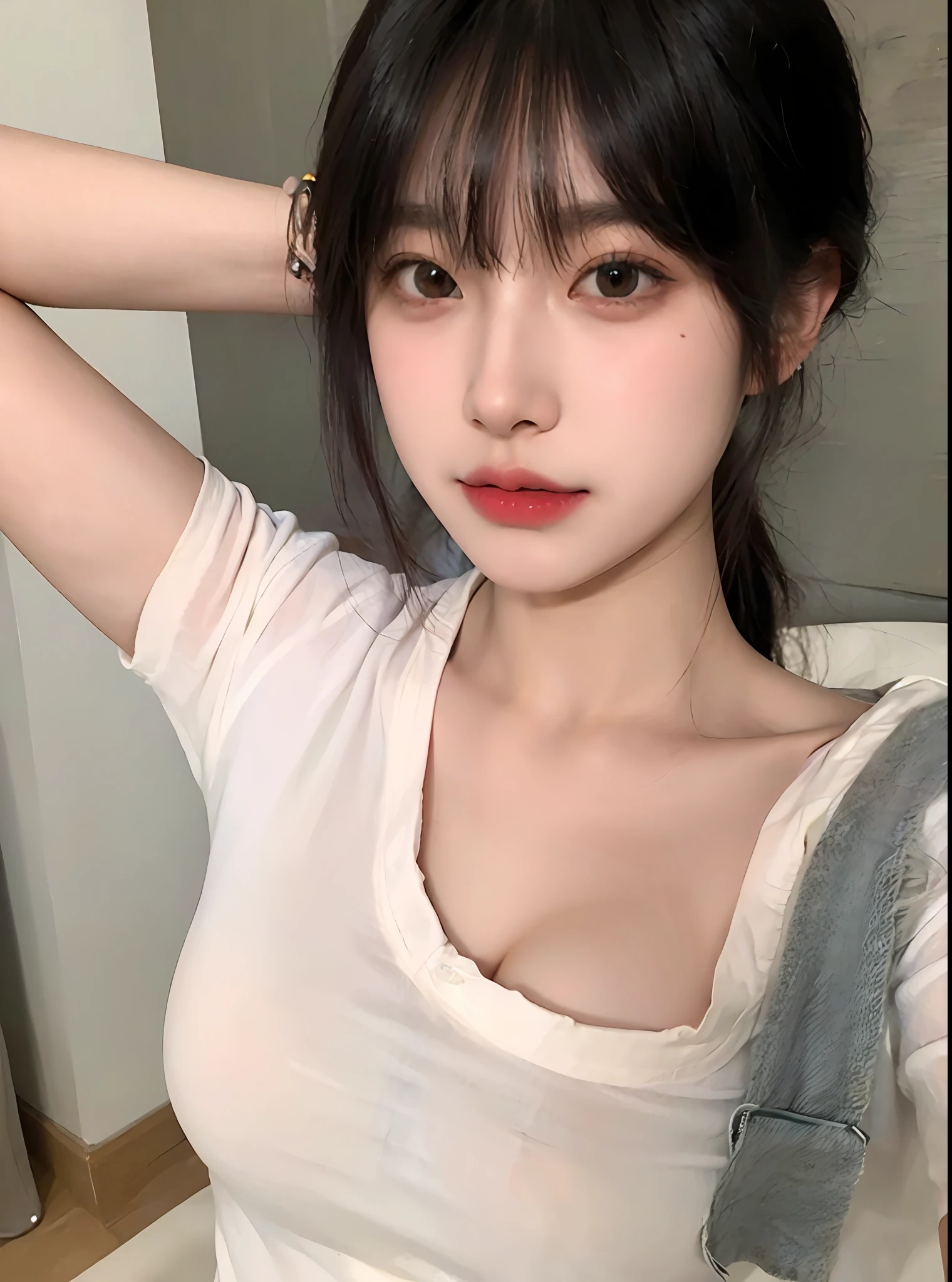 (Large breast:1.4),(open shirt:1.4),(Best quality,masterpiece,ultra high res,(photorealistic:1.4),1girl,(:1.4),(partially unbuttoned:1.5),