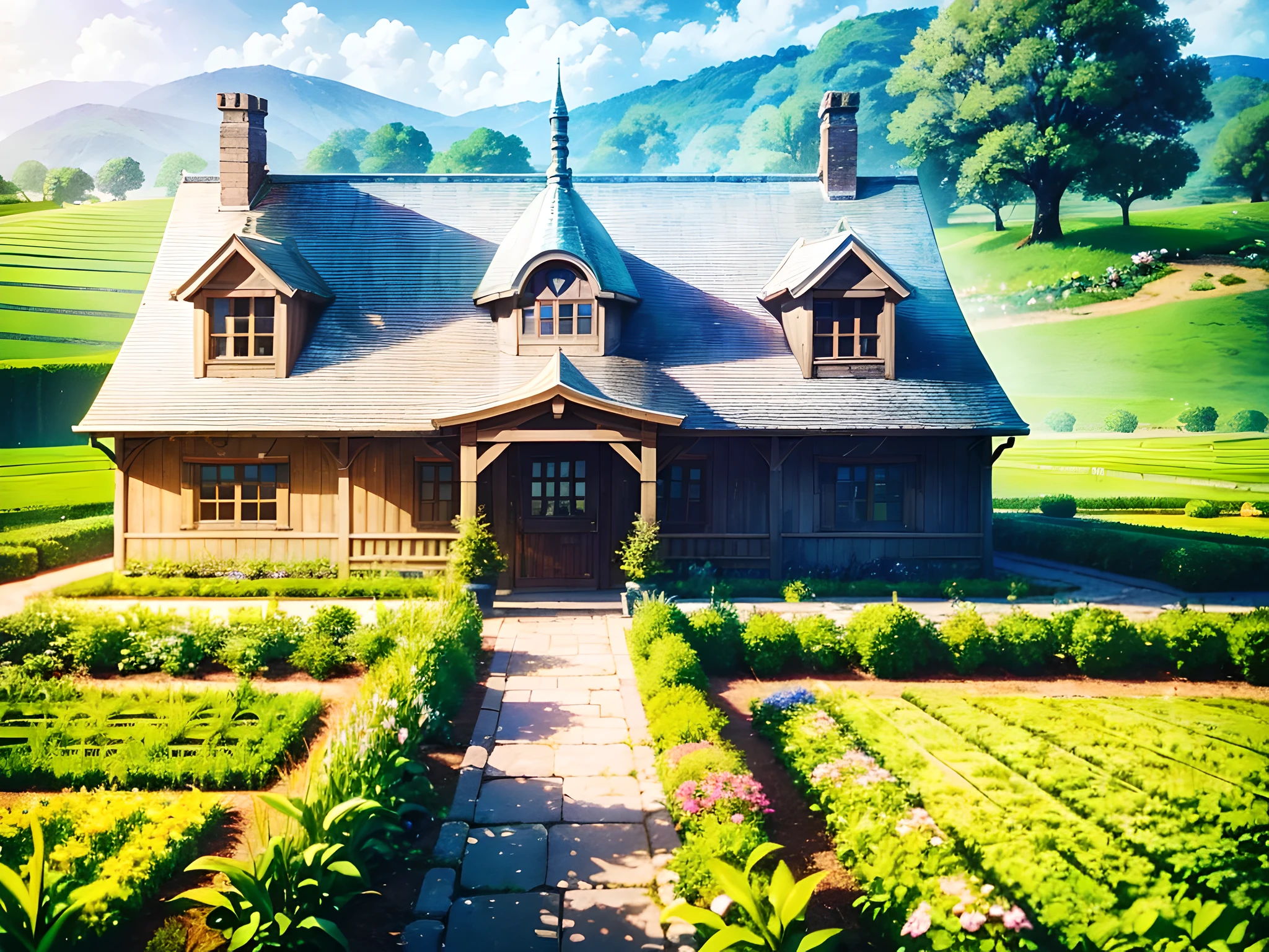 a vegetable garden, cute farmhouse with a terrace, a greenhouse next to the farm, FairyTaleAI ((masterpiece)), (((high quality))), Cute cartoon, stone path, wheat field, intricate detail, Super cute, Superb lighting, summer cloudy morning, perfect scenery, Ghibli studio style, Tilt-shift, Large aperture, The best quality, 3d, Super detail --v6