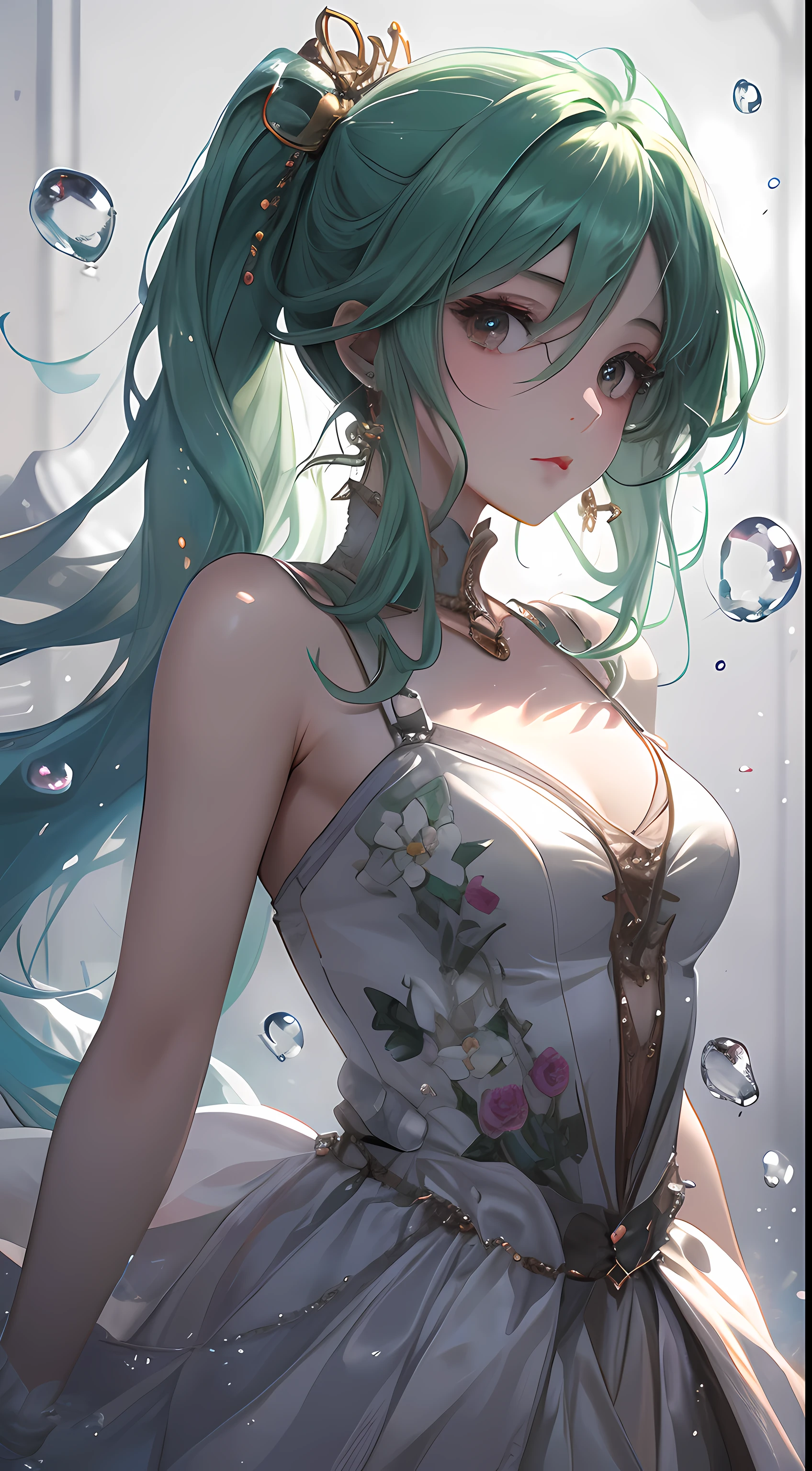 body shot, (Masterpiece), (Best Quality), (The ultra-detailliert),(ldisheveled hair),(Illustration), (1Girl), (Fashionable clothing), Standing, Fashion model, looking up at viewer, (interview), (Simple background),Beautiful detailed eyes, Delicate beautiful face, Floating,(high saturation),(Colorful splash),Colorful bubbles,(glittering), body shot, pony-tail, Ayaka Kamisato, Light green hair, bangss, hair rings, Floating flowers, floating hair, (glittering), Best lighting, best shadows, Frontal shots