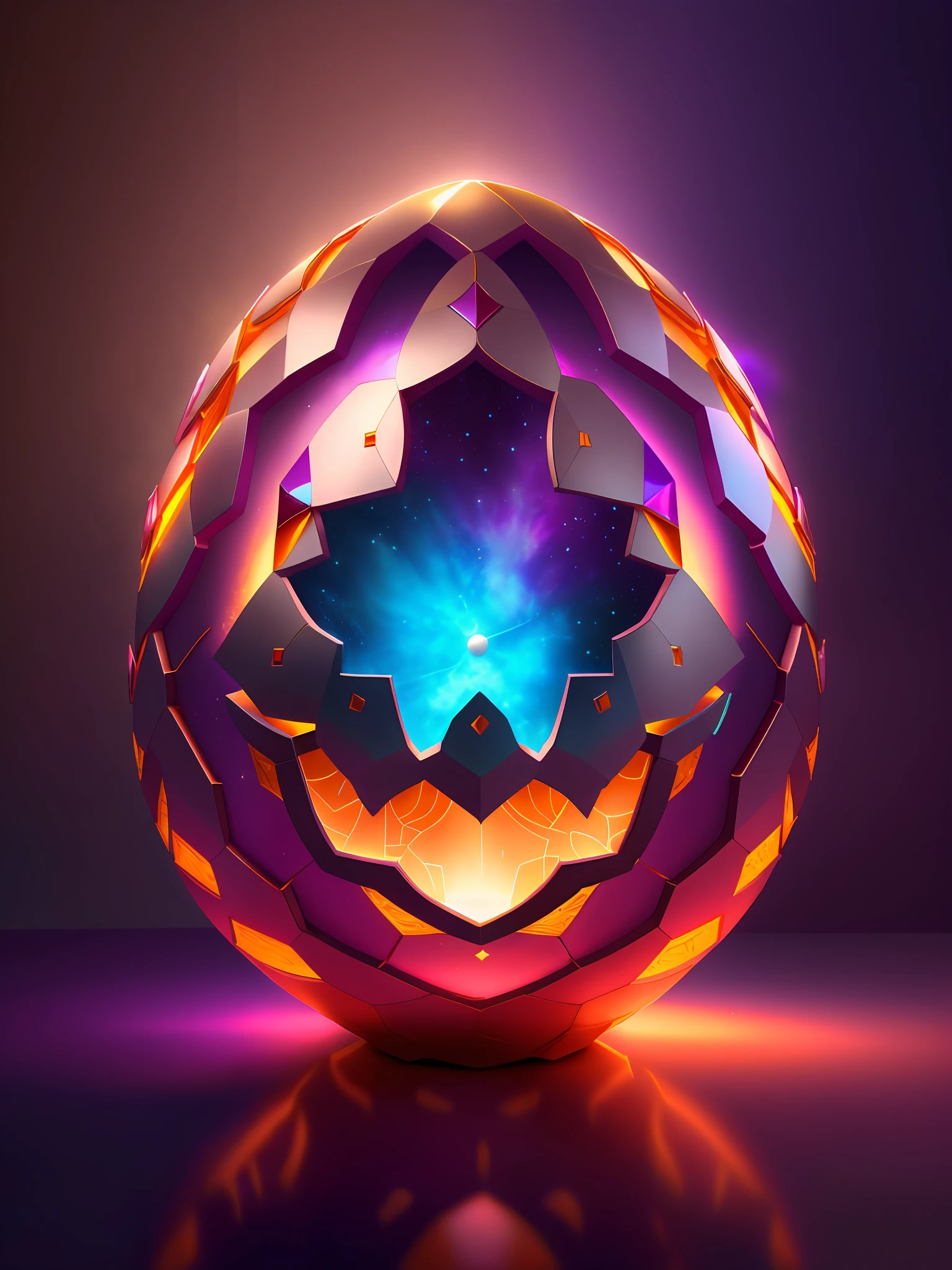 Efecto Shatter en After Effects,,Intricately opaque 3D soft broken shell egg carved from shiny ivory in a dimly lit room, con una luz rosa muy suave que emana de debajo del huevo, zarcillos de vid en espiral brillantes de color naranja rosado que abarcan el huevo amorosamente como si estuviera vivo, fotorrealista, detallado, realista, alta calidad, Background thunderstorms, detallado, realista, 8k UHD, alta calidad, Barbiecore.  magica, fantasy, rosado, violeta, PALETA DE ORO, flores