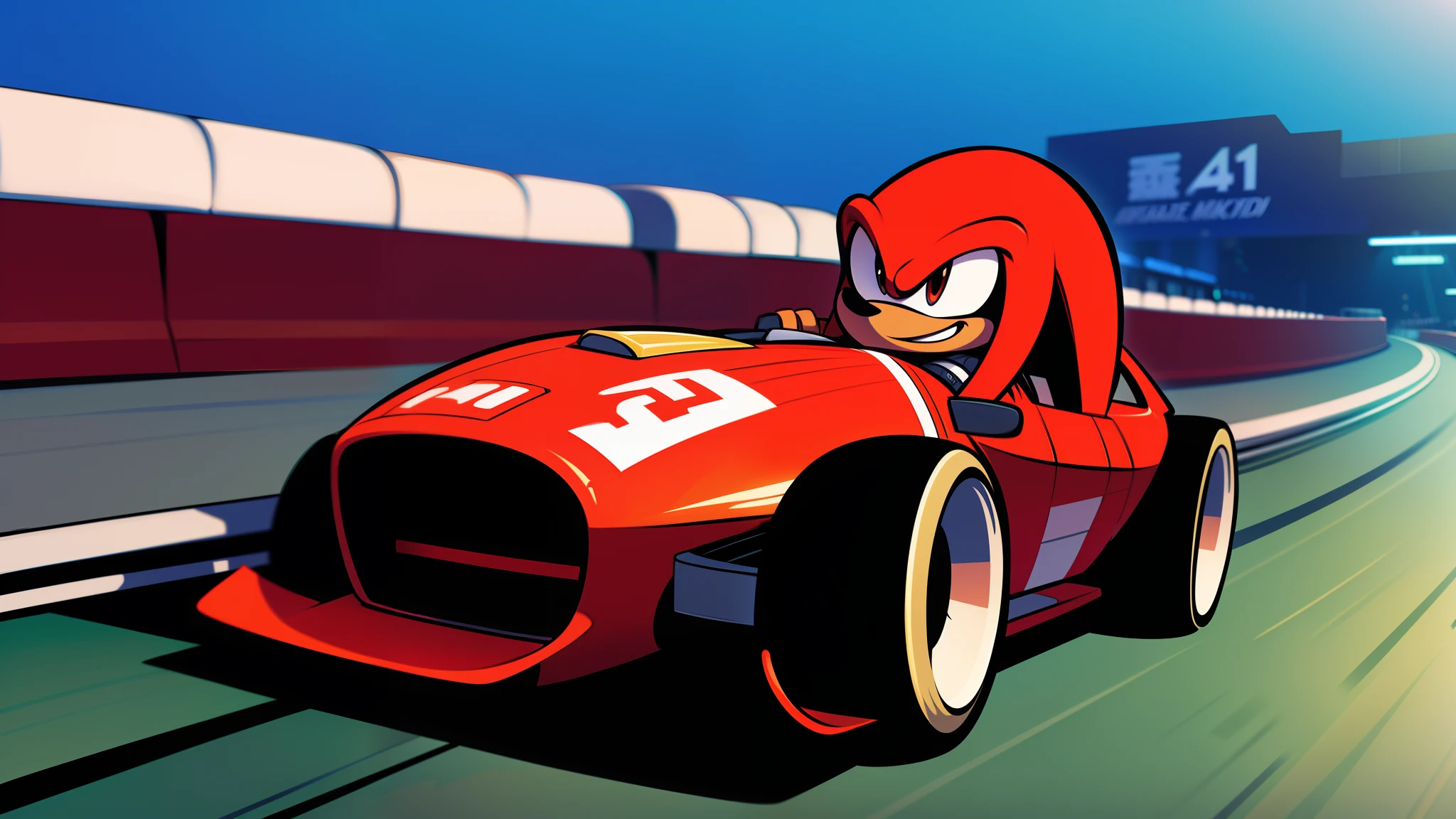 knuckles the equidna dressed with a f1 racer suit, smiling, in monaco circuit, initial d style, 4k