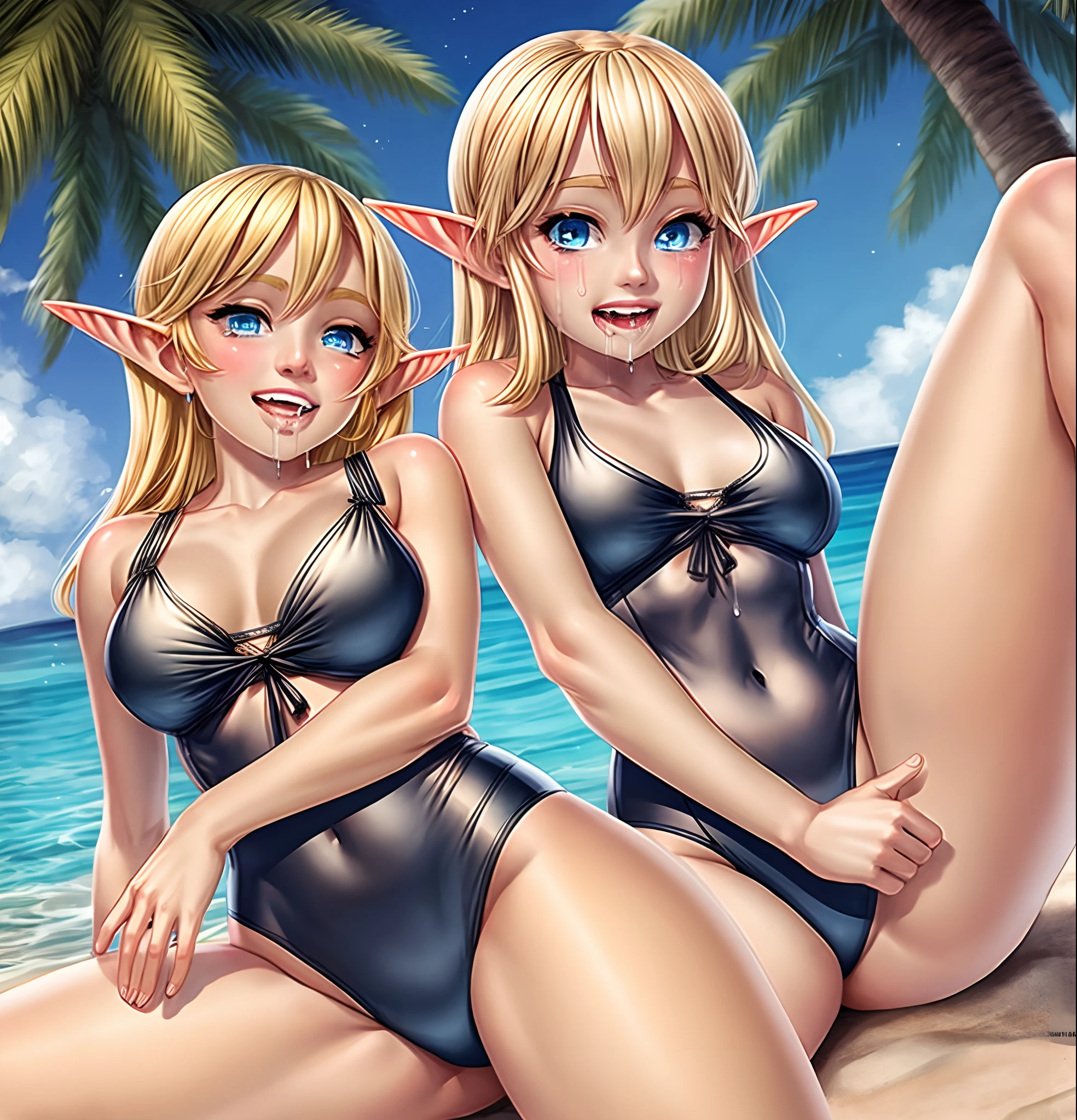 Blonde elf,plumw,black swimsuit,Drooling and rolling your eyes