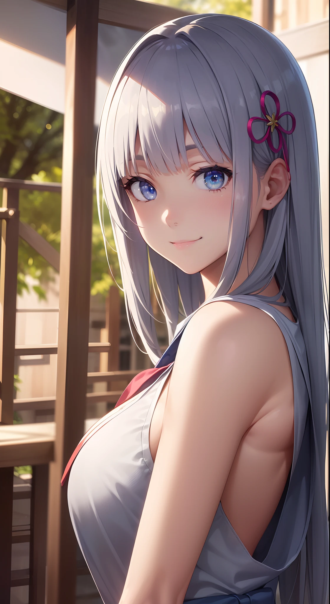 hair ornament, very long hair, japanese clothes, professional artwork, Intricate Details, field of view, sharp focus, detailed painting, photorealistic lighting, trending on pixiv, Standing at attention, ((school girl, summer school outfit)), ((large breasts:1,3)), Beautiful body,Beautiful Nose,Beautiful character design, perfect eyes, perfect face, looking at viewer, SFW,official art,extremely detailed CG unity 8k wallpaper, perfect lighting,Colorful, Bright_Front_face_Lighting, (masterpiece:1.0),(best_quality:1.0), ultra high res,4K,ultra-detailed, photography, 8K, HDR, highres, absurdres:1.2, Kodak portra 400, film grain, blurry background, bokeh:1.2, lens flare, (vibrant_color:1.2), shikkoku_yorihime, (happy smile, cheers), ((looking at viewer, front body pose))