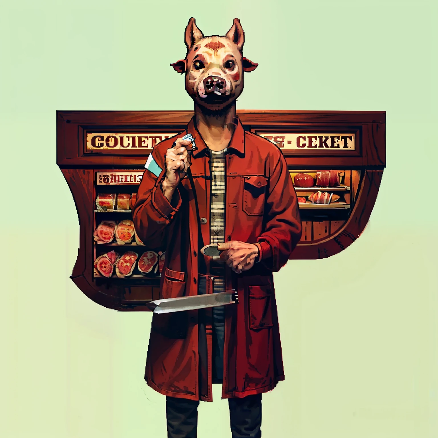 Tall，blood，Pig face，Holding a butcher knife in his right hand，Butcher shop
