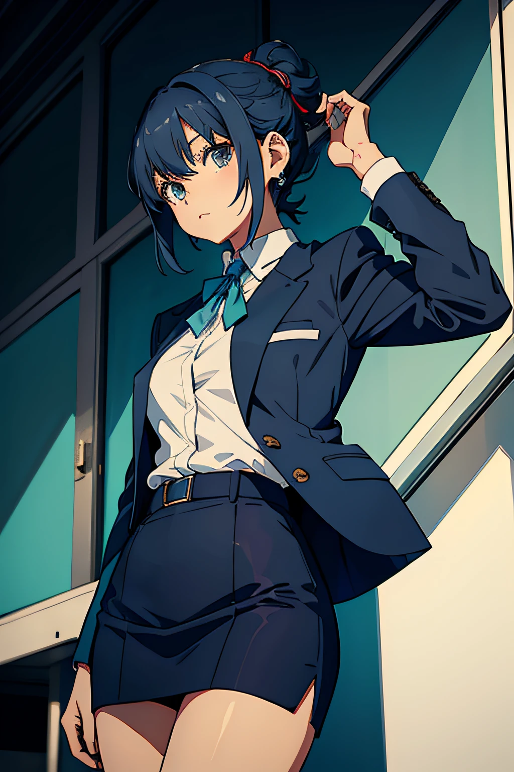 personagem de anime com cabelo azul e terno e gravata, Fubuki, menina no terno, em terno estrito, menina em um terno, wearing a strict business suit, em um terno estrito, mulher de cabelo azul curto, Uniforme JK, imagem do avatar, usando terno e gravata, Yayoi Kasuma, Makoto, Makoto Shinka, Arte Oficial, Sayori