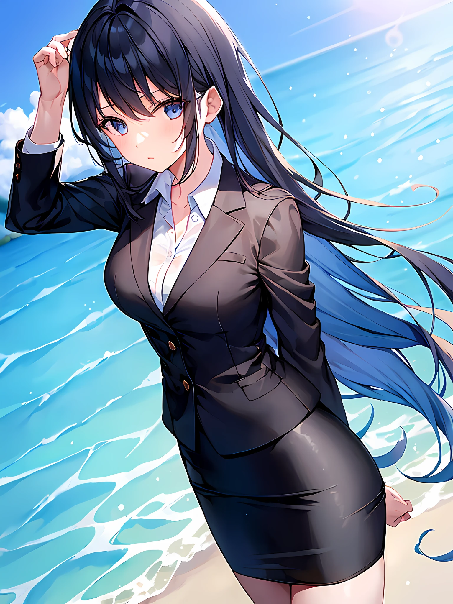 1girl, suit, beach, black skirt, black blazer, pencil skirt, blue hair
