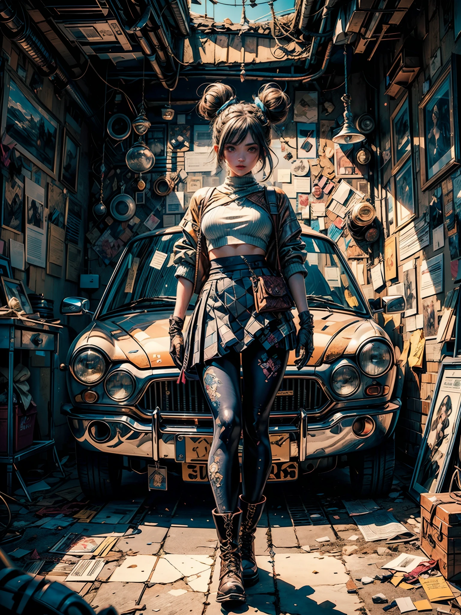 (((adorable, captivating, enchanting, female))), (top buns), ((shrug \(clothing\), leggings, skirt, pouches)),((boots, gloves, blades)), goddess, anima, meticulous, intricate, intimate, nuanced, (masterpiece), (masterwork), top quality, best quality, highest quality, (highest fidelity), (highest resolution), (highres), caustics, film grain, radiosity, photon mapping, ray tracing, (hyper-detailed), ((detail enhancement)), (deeply detailed), unity 8k, unreal 8k, octane render, awe inspiring, breathtaking, hdr, uhd, hdr, fhd, award winning, (most beautiful artwork),