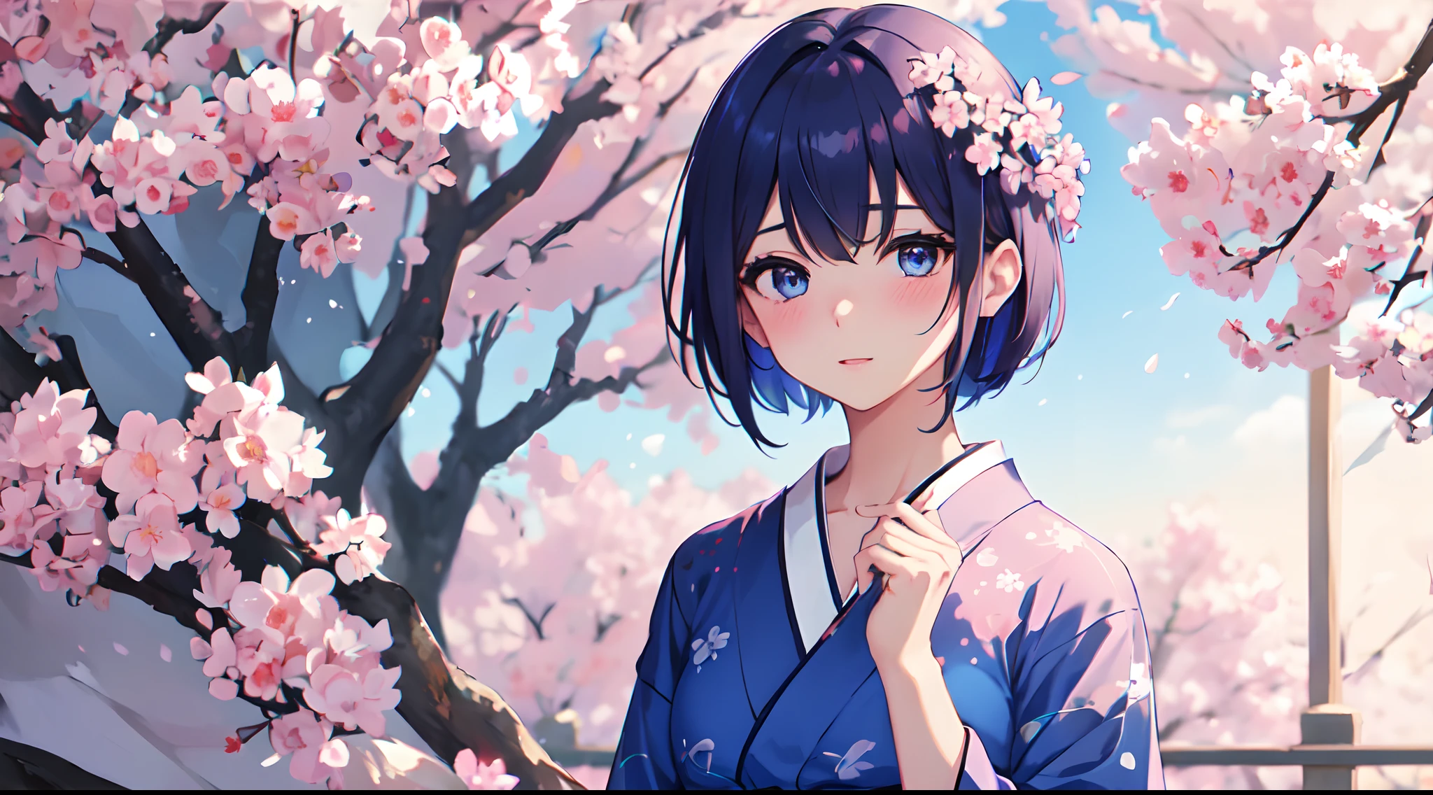 1 woman, wearing blue yukata, short hair, pick hair colour, deep blue eyes, blushing, head to the right, looking at me, perfect eyes, sakura flower background, high quality, 8k, 4k, master piece,