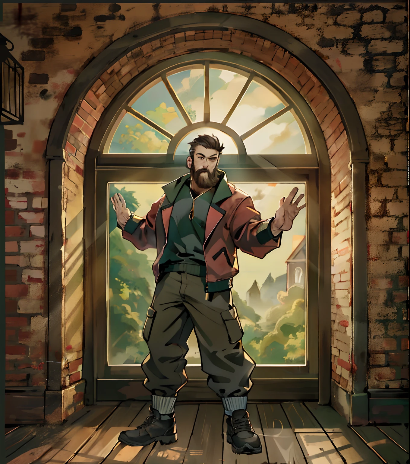 A bearded man in a red jacket and pants stands in front of a window with outstretched arms, full body character concept, full body concept, detailed full body concept, The room has a window overlooking the garden, Brown (Brick) Walls, warm lighting, background illustration, Soft light from the window,  wooden floor, Window with natural light,  Light from the window