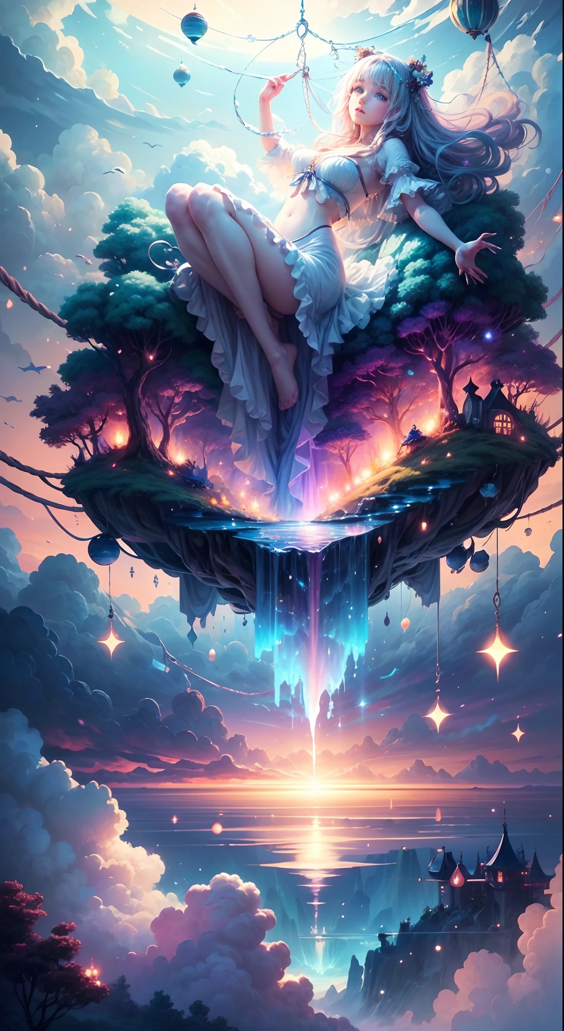 Envision a mesmerizing scene where a woman is suspended by her belly, delicately tied with ornate ropes, in a dreamlike realm of floating islands and colorful skies. The environment is filled with fluffy clouds, waterfalls cascading from the floating islands, and a vibrant, surreal atmosphere. (((The woman's face is extremely detailed with beautiful distinct features.))) The woman's expression exudes a sense of peace and serenity as she hangs weightlessly in the air. The atmosphere is filled with a sense of wonder and tranquility. This scene will be depicted in an anime-style illustration, with soft lines, pastel colors, and a whimsical touch. The artwork will capture the ethereal beauty and tranquility of the dreamlike realm, creating a sense of harmony and escape from the ordinary world.