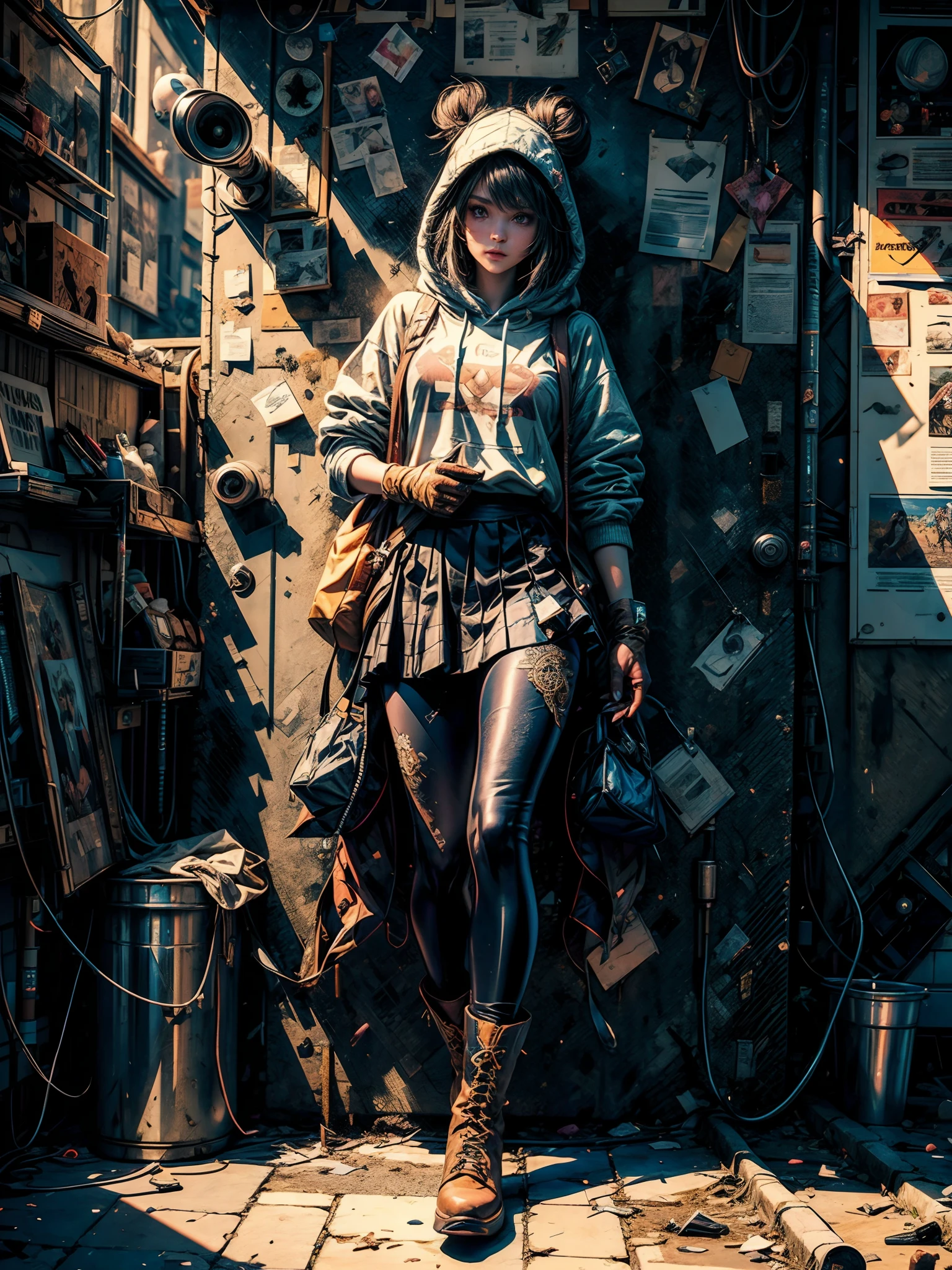 (((adorable, captivating, enchanting, female))), (top buns), ((hoodie, leggings, skirt, pouches)),((boots, gloves, blades)), goddess, anima, meticulous, intricate, intimate, nuanced, (masterpiece), (masterwork), top quality, best quality, highest quality, (highest fidelity), (highest resolution), (highres), caustics, film grain, radiosity, photon mapping, ray tracing, (hyper-detailed), ((detail enhancement)), (deeply detailed), unity 8k, unreal 8k, octane render, awe inspiring, breathtaking, hdr, uhd, hdr, fhd, award winning, (most beautiful artwork),