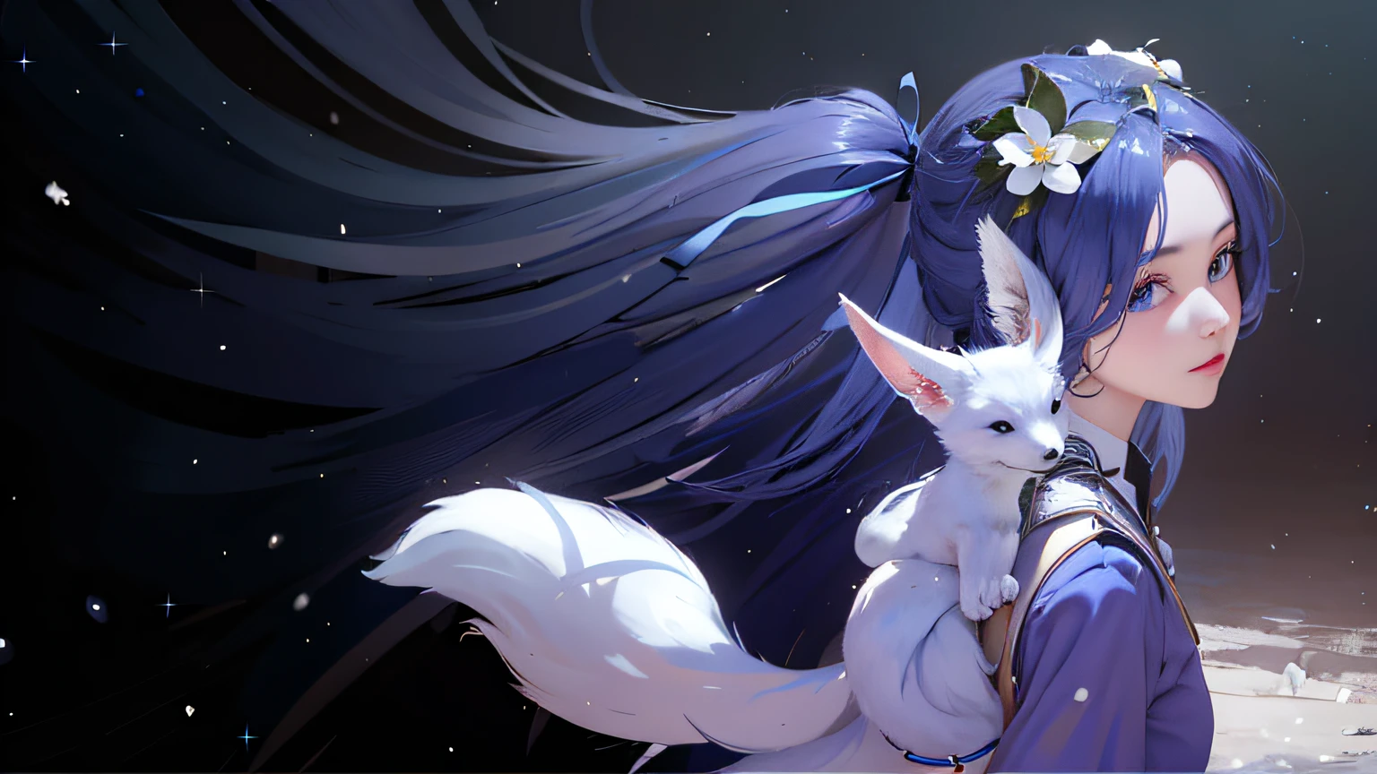 (extremely detailed CG unity 8k wallpaper), best quality, masterpiece,1girl,floating hair, long blue hair, hairpiece, blue eyes, white fox on her shoulder, snowing