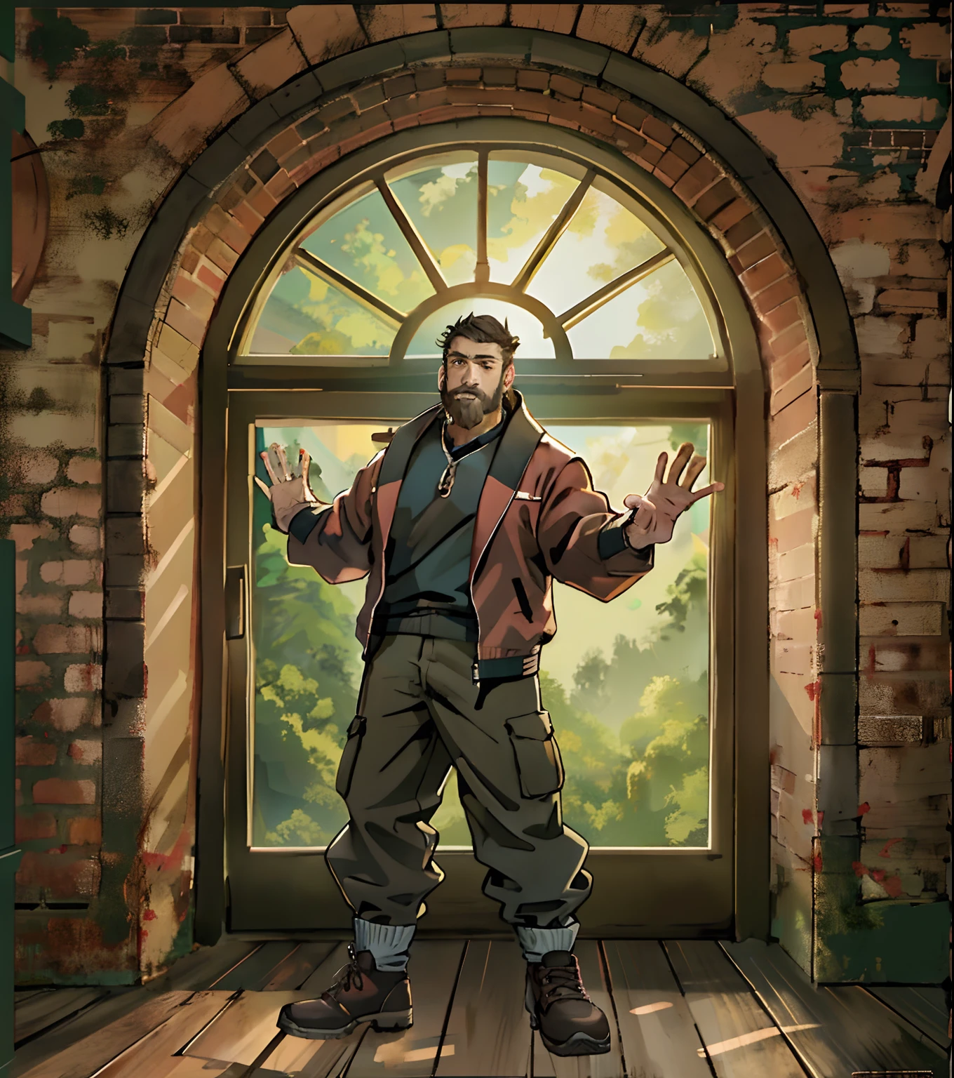 A bearded man in a red jacket and pants stands in front of a window with outstretched arms, full body character concept, full body concept, detailed full body concept, The room has a window overlooking the garden, Brown (Brick) Walls, warm lighting, background illustration, Soft light from the window,  wooden floor, Window with natural light,  Light from the window