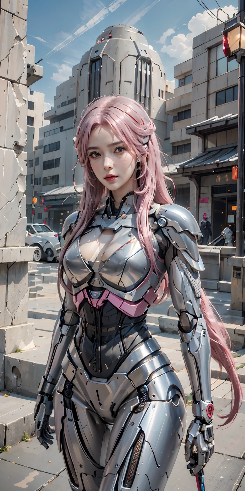 photorealistic, high resolution, soft light,1women, solo, hips up, (detailed face), pink hair, long hair, mecha musume, mechanical parts, robot joints, single mechanical arm, headgear, mechanical halo, electric mechanical bodysuit, mecha corset, full black, kimono, full armor, city at night