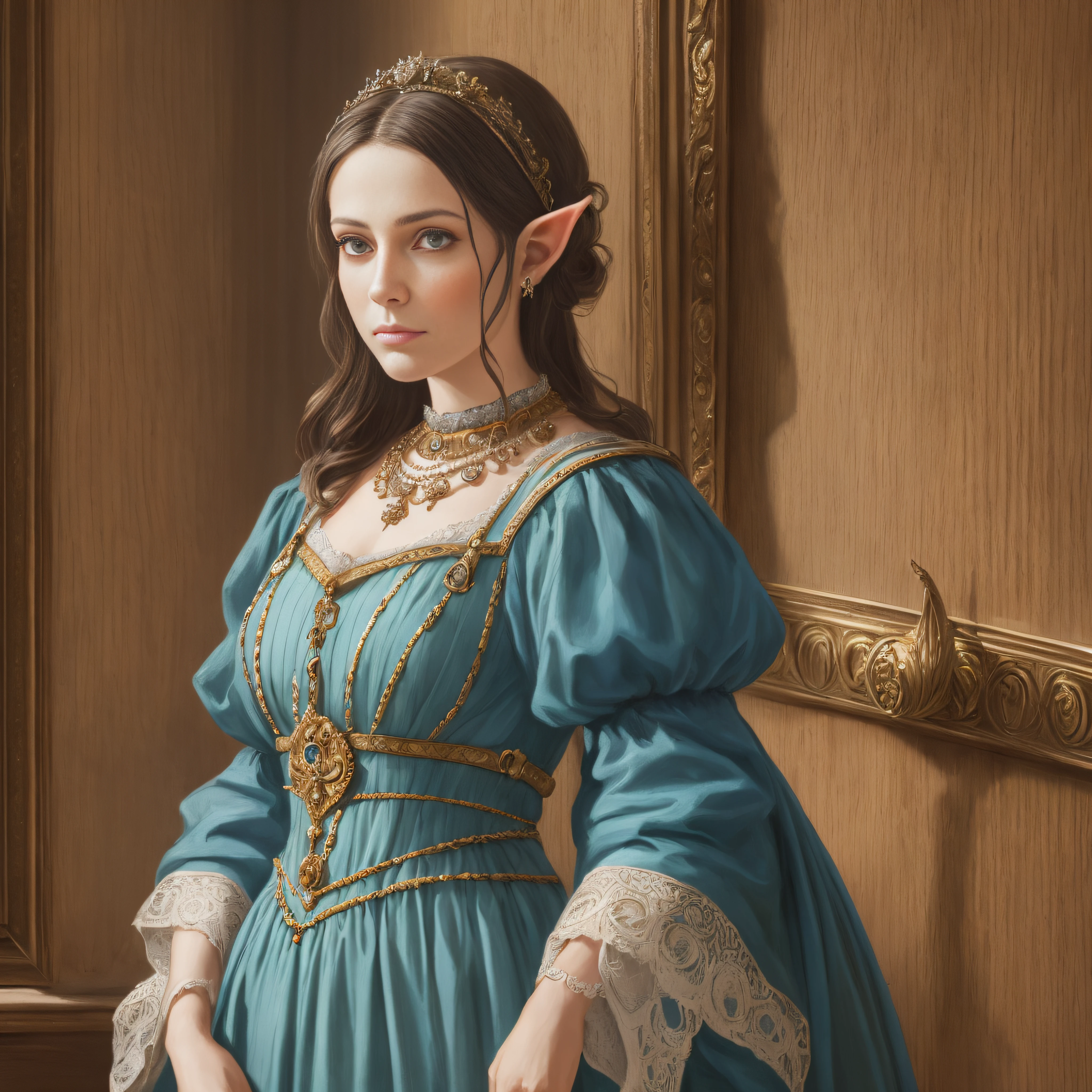 Arafed, Fifty-year-old woman in blue dress, leaned against a wooden wall, Realistic portrait of the Renaissance, Fantasy genre portrait, medieval portrait, portrait shot, color portrait, as a medieval fantasy character, renaissance digital painting, Portrait of the Renaissance, portrait shot 8 k, soft portrait shot 8 k, Character portrait, Side portrait of the elven royal family, Classic portrait, Oil painting depicting a realistic woman\