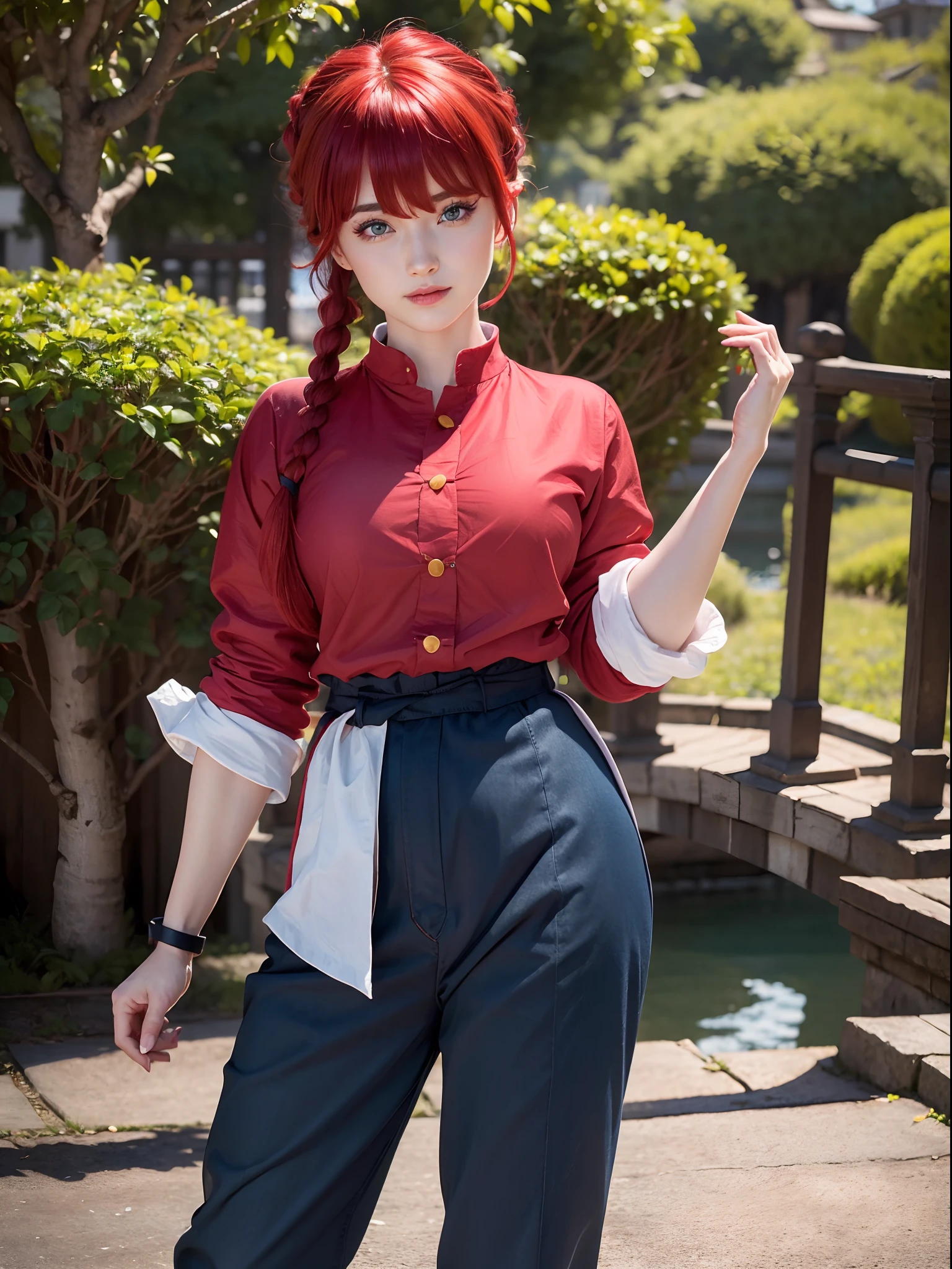 (masterpiece, best quality:1.4), (standing:1.2) (dynamic pose:1), 1girl, ranma-chan, 1girl, solo, blue eyes, (red hair),  bangs, tangzhuang, braided ponytail, sleeves rolled up, black pants, black footwear, on a chinesse garden with sakura trees, a bridge and water, looking at viewer, sexy smile, beautiful face, highly detailed face, highly detailed eyes, highly detailed skin, skin pores, subsurface scattering, realistic pupils, full face blush, full lips, detailed background, depth of field, volumetric lighting, sharp focus, absurdres, realistic proportions, good anatomy, (realistic, hyperrealistic:1.4), 16k hdr,