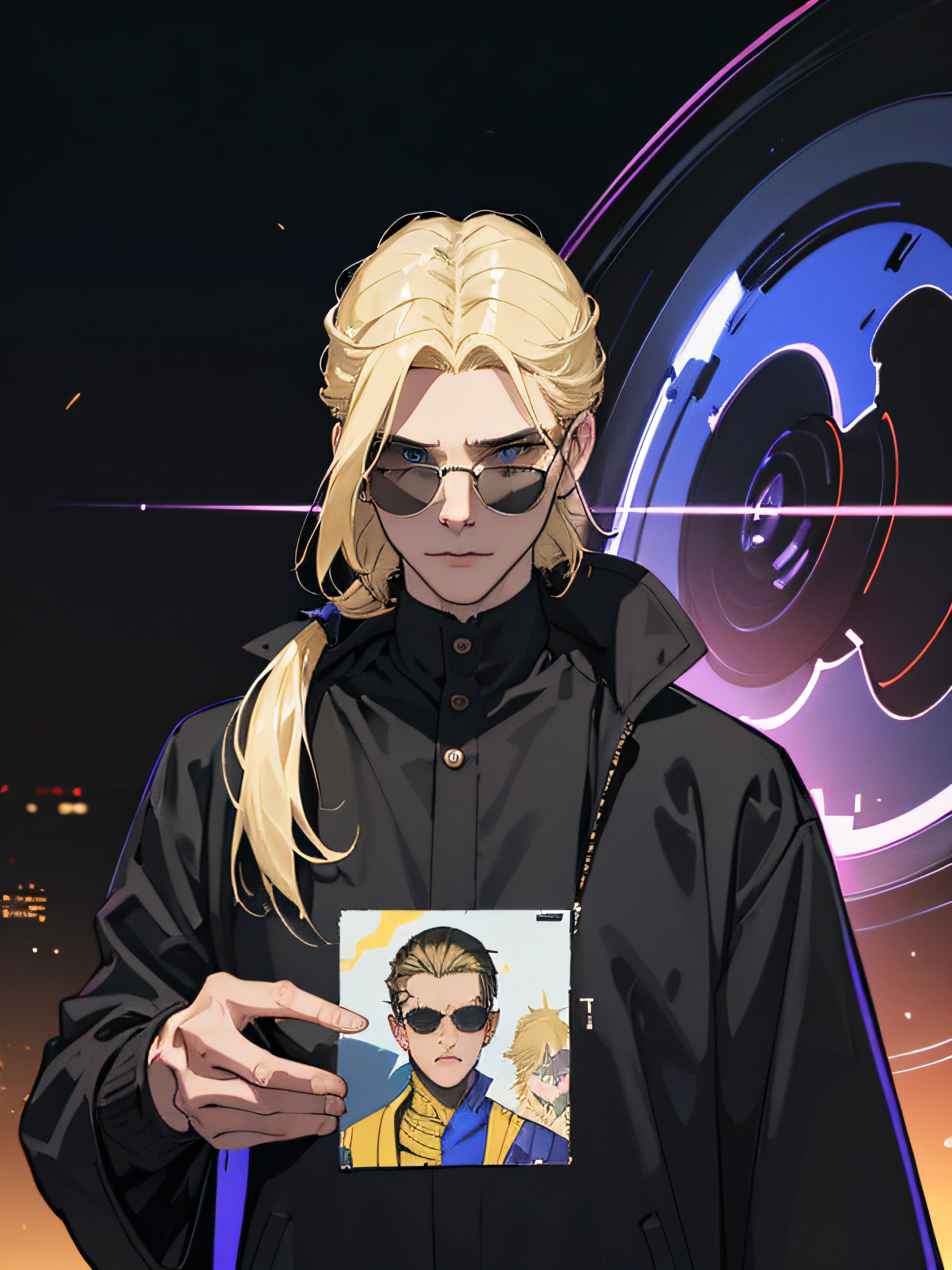 hacker, capuz, sunglasses, Movie scenery, luz neon extremidades, master part, Segure um raio, masculino, adulto, ((cabelo blond)), ((cabelo longo)), (rosto, ultra detalhados), raio, Matriz de pose, roupas Matrix, Escuro, nebula, roupa sobre tudo, manto negro noite, matrix, melhor qualidade, obra-prima, realista