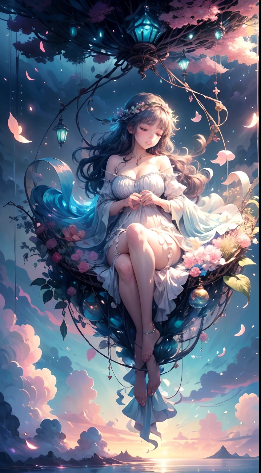 Envision a mesmerizing scene where a woman is suspended by her belly, delicately tied with ornate ropes, in a dreamlike realm of floating islands and colorful skies. The environment is filled with fluffy clouds, waterfalls cascading from the floating islands, and a vibrant, surreal atmosphere. The woman's expression exudes a sense of peace and serenity as she hangs weightlessly in the air. The atmosphere is filled with a sense of wonder and tranquility. This scene will be depicted in an anime-style illustration, with soft lines, pastel colors, and a whimsical touch. The artwork will capture the ethereal beauty and tranquility of the dreamlike realm, creating a sense of harmony and escape from the ordinary world.