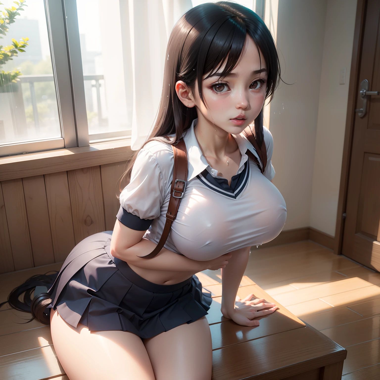 JK school uniform,Wet temptation,Transparent short sleeves,Arms spread wide,realisticlying,photorealestic,ff Tifa,Big breast dew point,Sexy