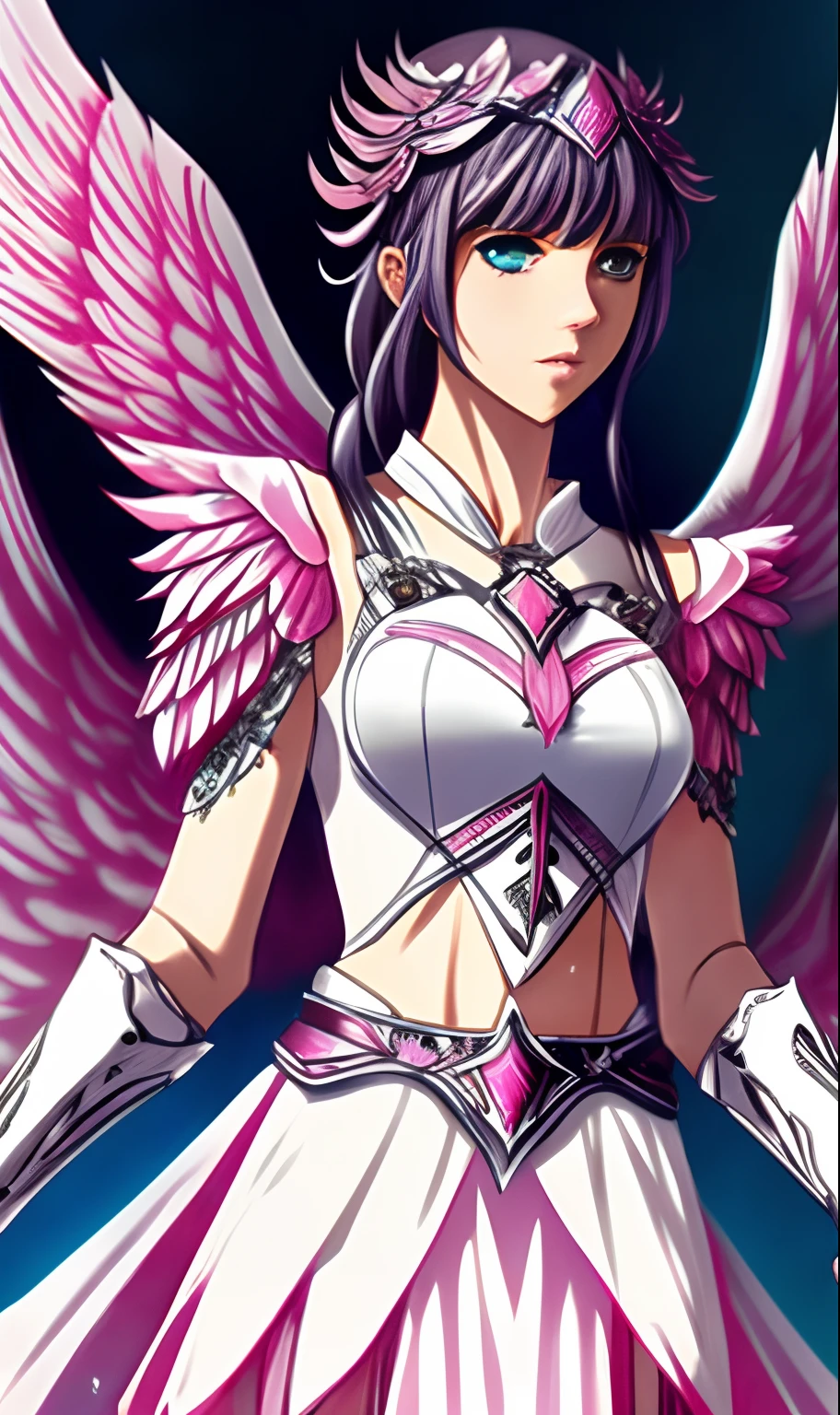 Icarus,Pink wings,1girll,pink short hair,best detail,Best picture quality,Blue-green eyes,Anime comic style,pleatedskirt,White top armor,angelicales,Exquisite hands,perfect thighs --auto