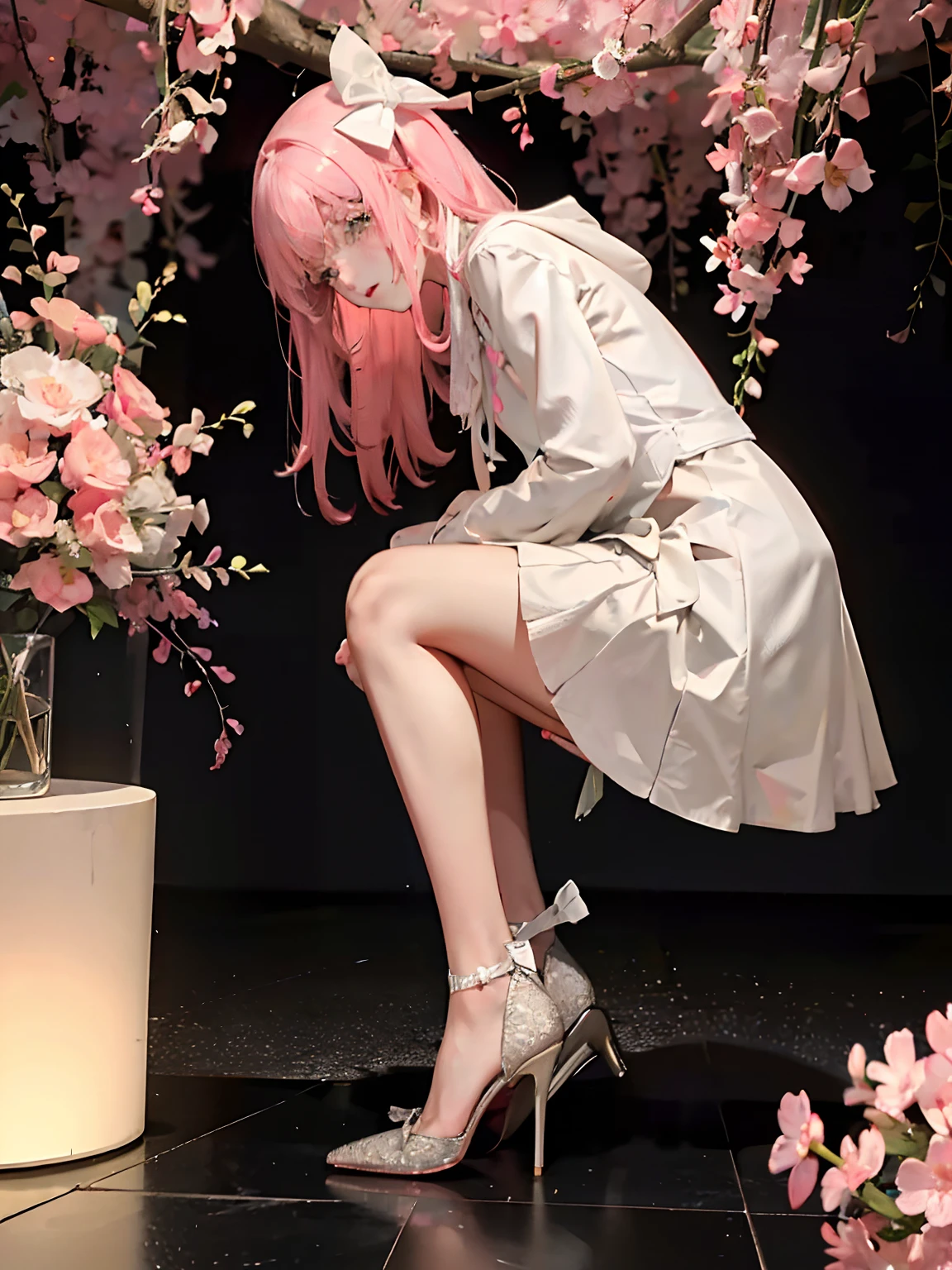 （tmasterpiece），（best qualtiy），（A pink-haired，Long hair，white hair ribbon，Butterfly clip，White flower decoration），（White panty hose，stocklings：0.8），（White pleated skirt，short  skirt），（Pink coat，silkouette，Cherry blossom decoration），putting makeup on， Blushlush， high-heels， 1girll，squatt， SakuraNS， Bow knot，have to pee，Pee，pissing，Pee yourself